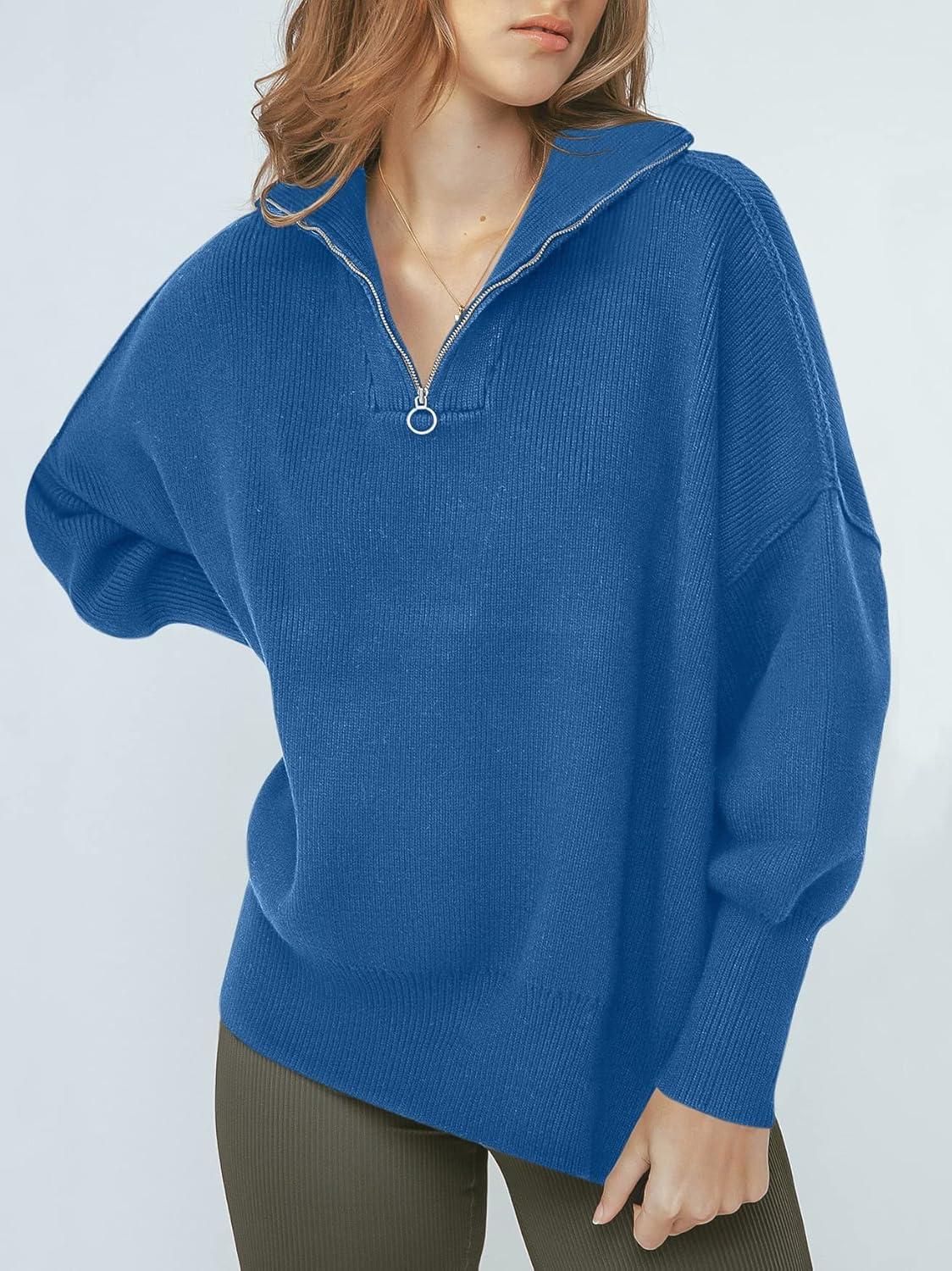 imageANRABESS Womens Oversized Fashion Long Sleeve Quarter Zip Baggy Loose Slouchy Sweater Pullover Tops 2025 Fall OutfitsBlue