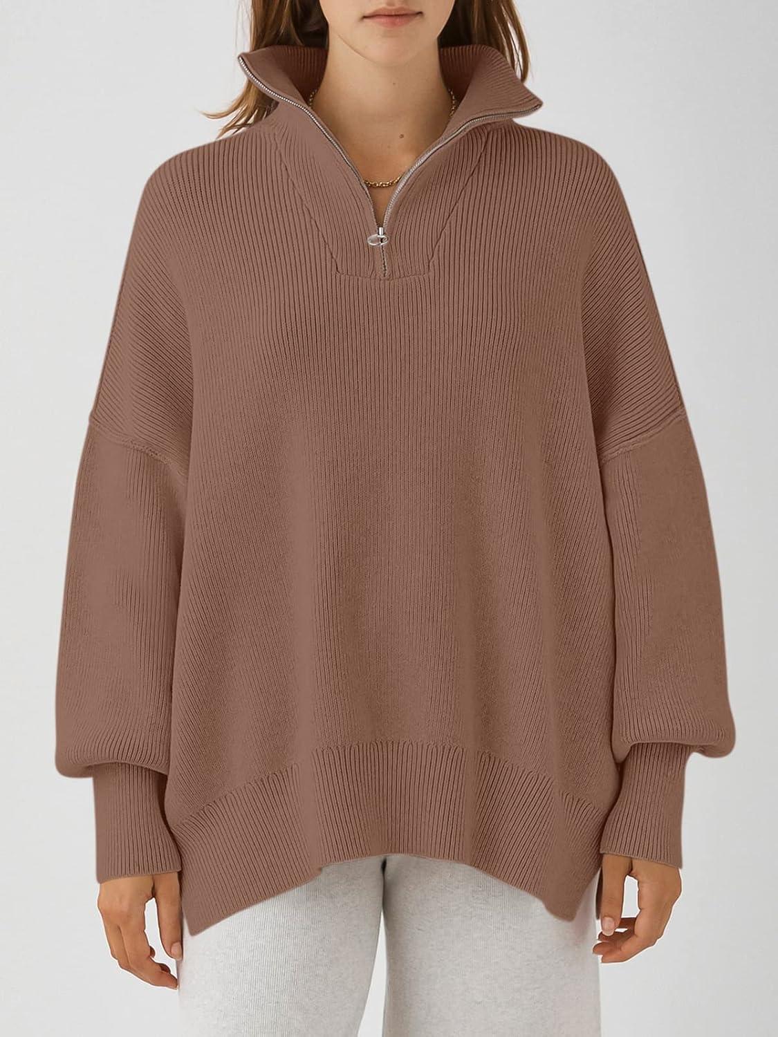 imageANRABESS Womens Oversized Fashion Long Sleeve Quarter Zip Baggy Loose Slouchy Sweater Pullover Tops 2025 Fall OutfitsBrown