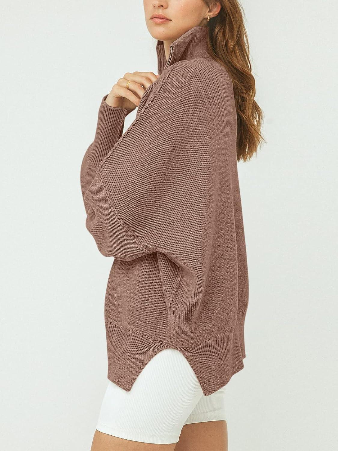 imageANRABESS Womens Oversized Fashion Long Sleeve Quarter Zip Baggy Loose Slouchy Sweater Pullover Tops 2025 Fall OutfitsBrown