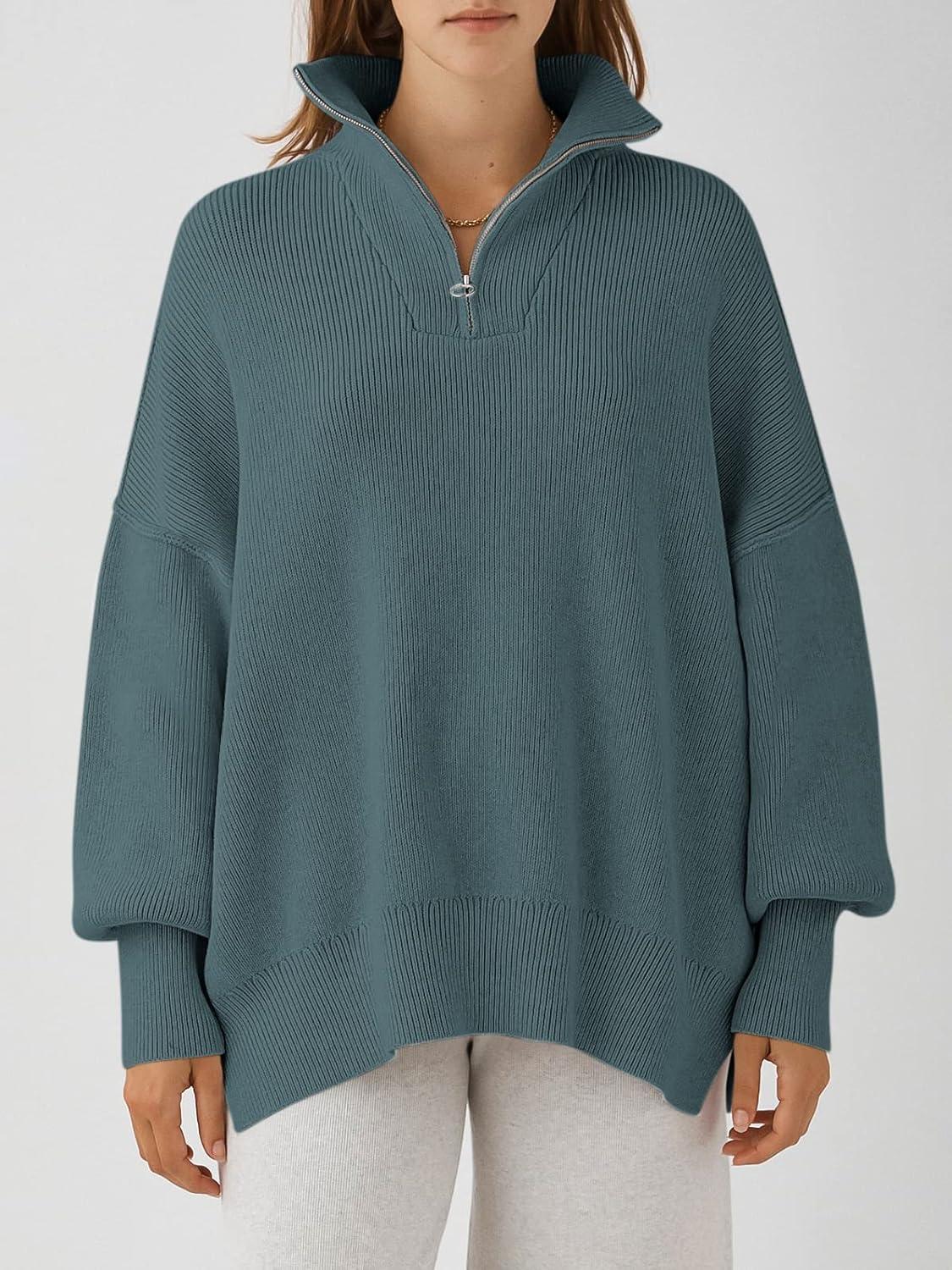 imageANRABESS Womens Oversized Fashion Long Sleeve Quarter Zip Baggy Loose Slouchy Sweater Pullover Tops 2025 Fall OutfitsDusty Blue