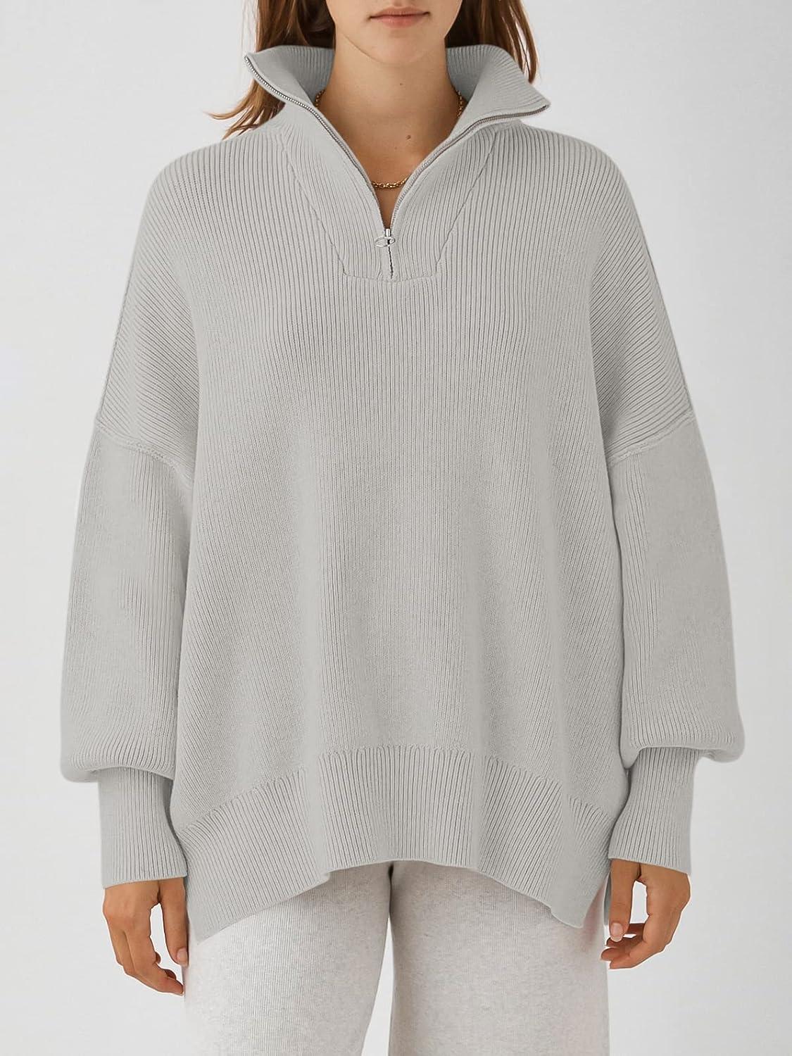 imageANRABESS Womens Oversized Fashion Long Sleeve Quarter Zip Baggy Loose Slouchy Sweater Pullover Tops 2025 Fall OutfitsGray