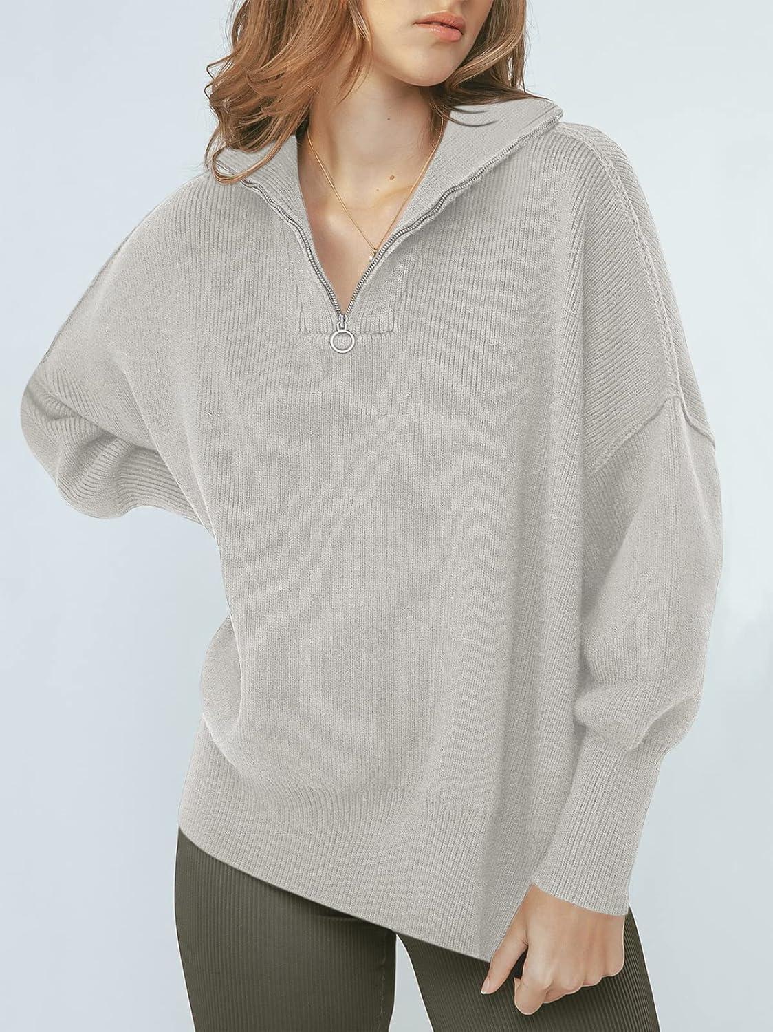 imageANRABESS Womens Oversized Fashion Long Sleeve Quarter Zip Baggy Loose Slouchy Sweater Pullover Tops 2025 Fall OutfitsGray