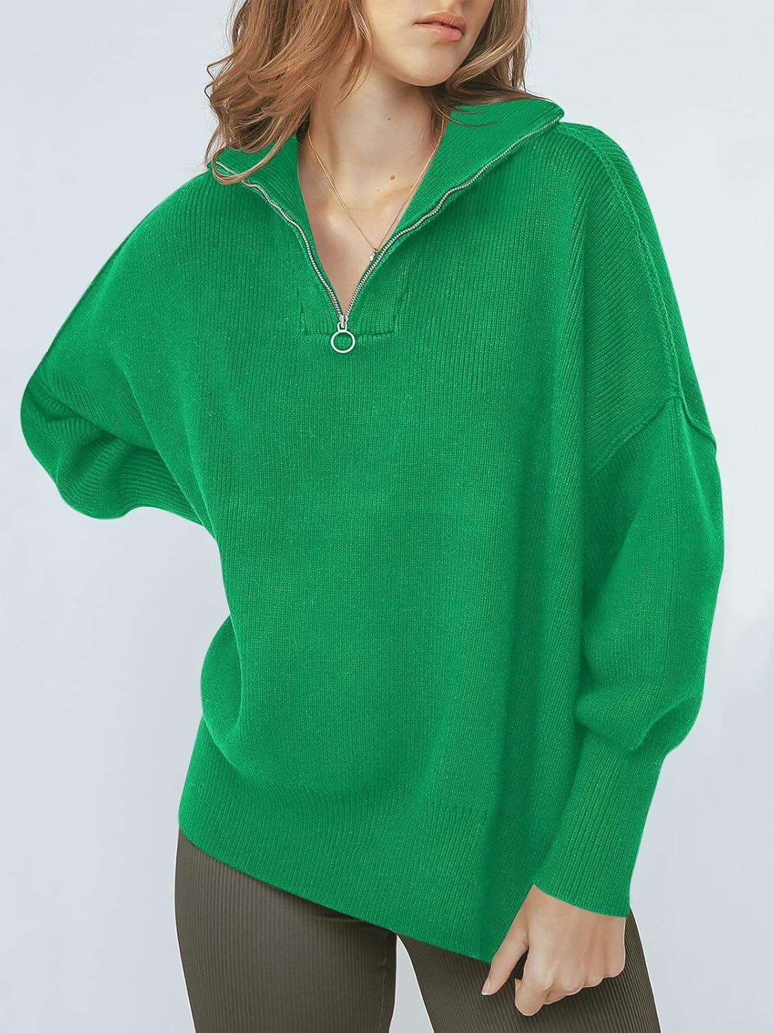 imageANRABESS Womens Oversized Fashion Long Sleeve Quarter Zip Baggy Loose Slouchy Sweater Pullover Tops 2025 Fall OutfitsGreen