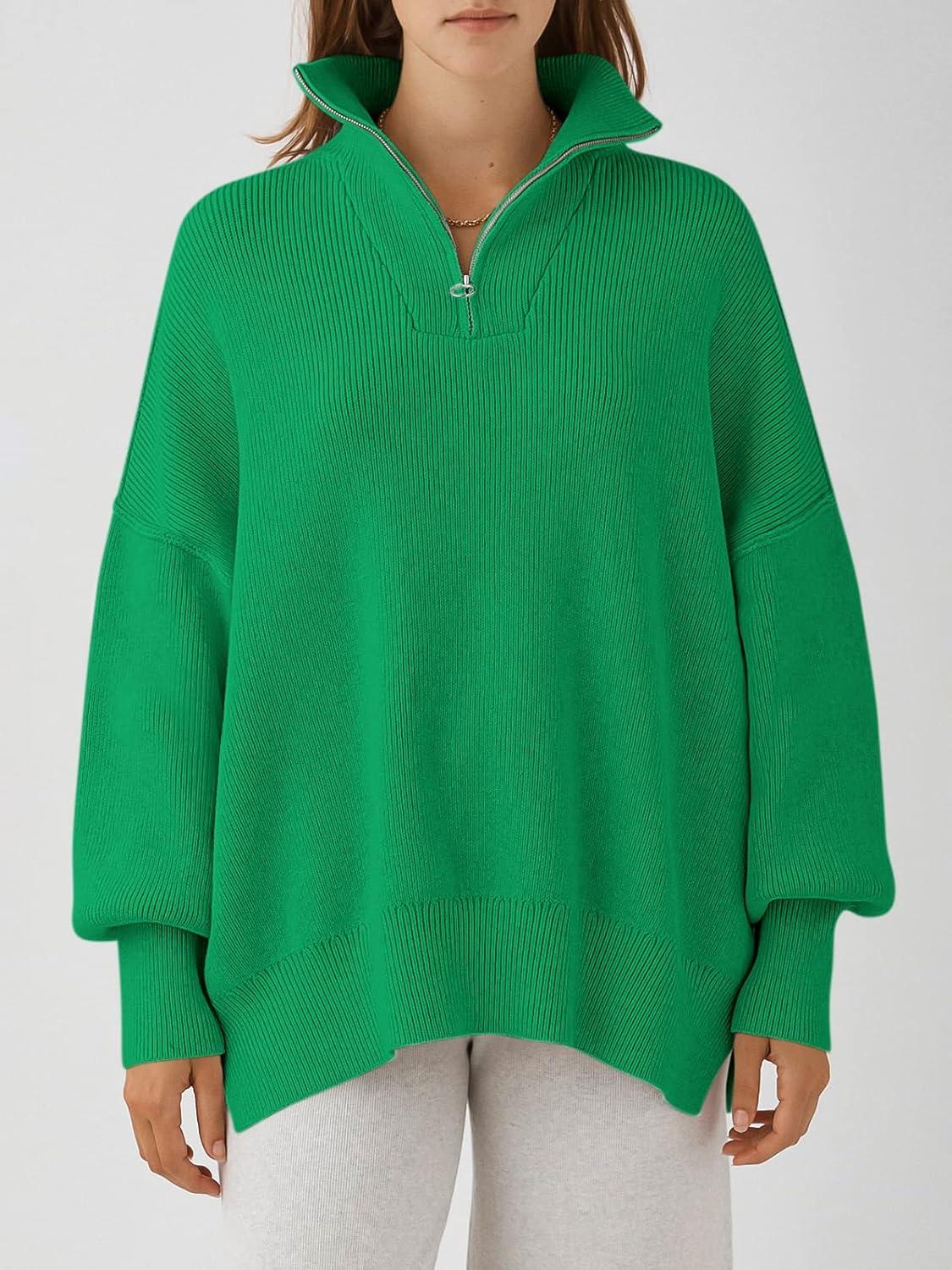 imageANRABESS Womens Oversized Fashion Long Sleeve Quarter Zip Baggy Loose Slouchy Sweater Pullover Tops 2025 Fall OutfitsGreen
