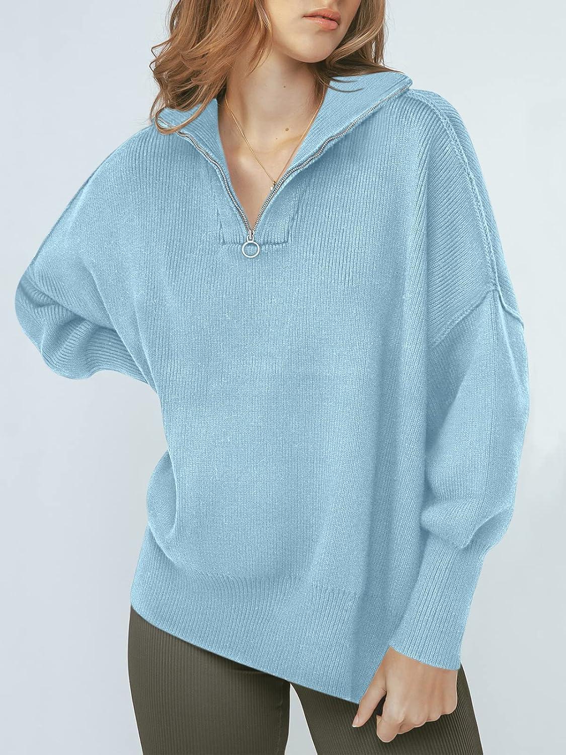 imageANRABESS Womens Oversized Fashion Long Sleeve Quarter Zip Baggy Loose Slouchy Sweater Pullover Tops 2025 Fall OutfitsLight Blue