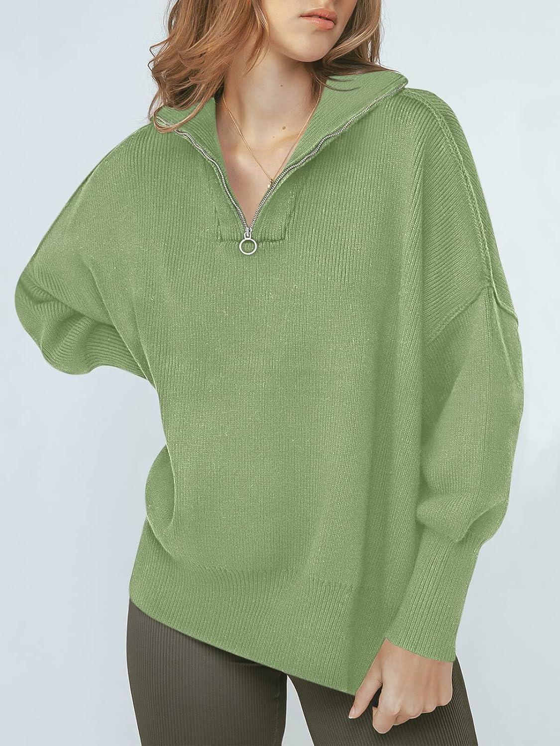 imageANRABESS Womens Oversized Fashion Long Sleeve Quarter Zip Baggy Loose Slouchy Sweater Pullover Tops 2025 Fall OutfitsLight Green