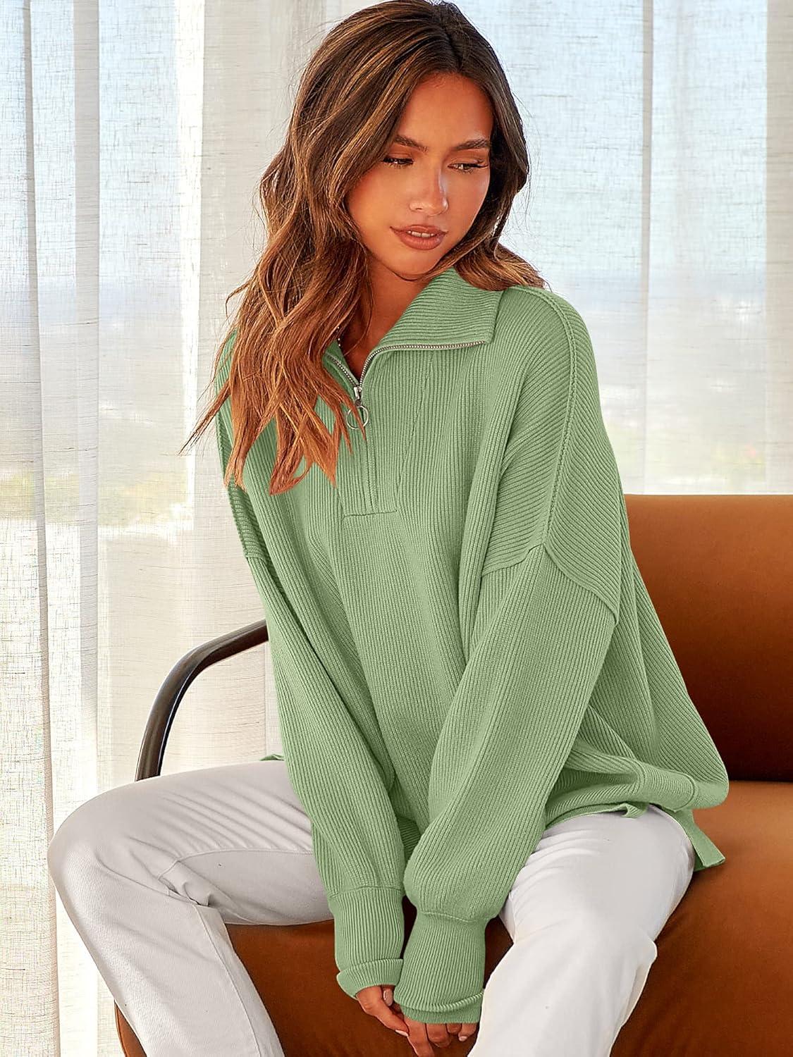 imageANRABESS Womens Oversized Fashion Long Sleeve Quarter Zip Baggy Loose Slouchy Sweater Pullover Tops 2025 Fall OutfitsLight Green