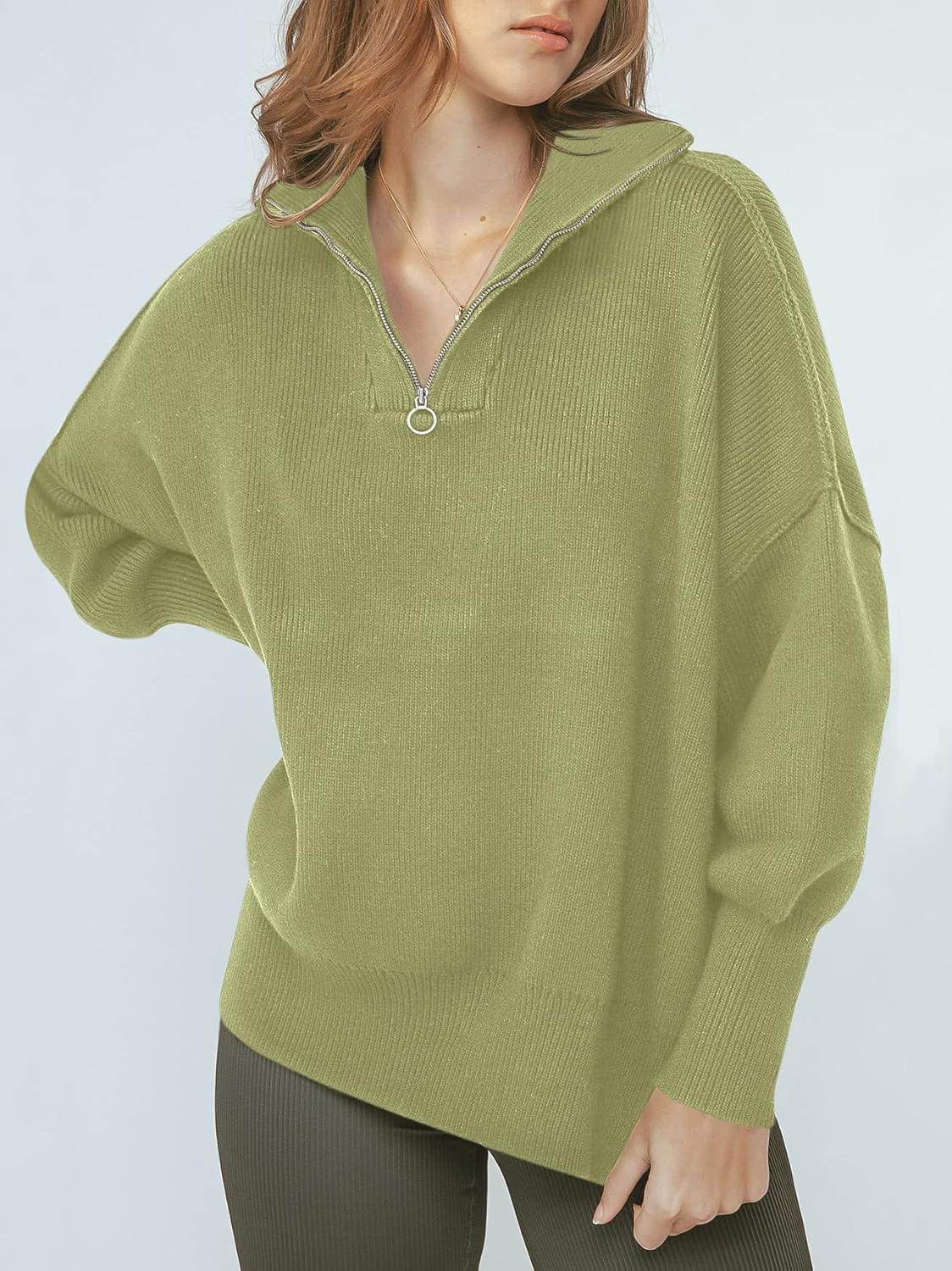 imageANRABESS Womens Oversized Fashion Long Sleeve Quarter Zip Baggy Loose Slouchy Sweater Pullover Tops 2025 Fall OutfitsPea