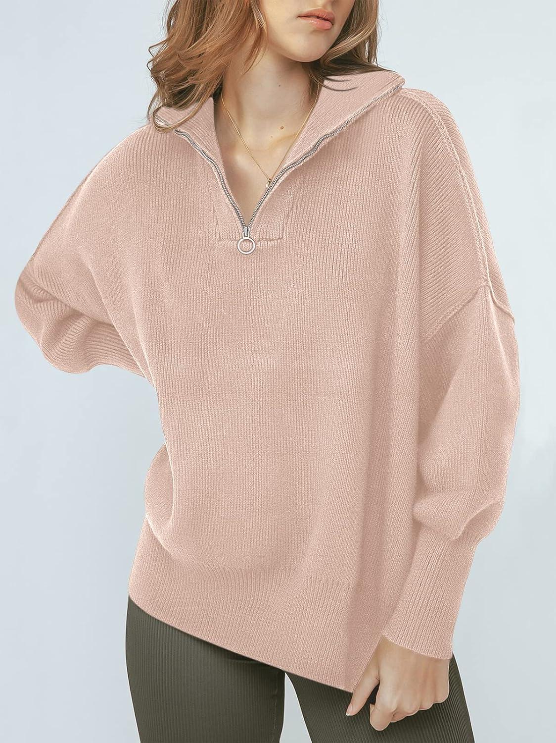 imageANRABESS Womens Oversized Fashion Long Sleeve Quarter Zip Baggy Loose Slouchy Sweater Pullover Tops 2025 Fall OutfitsPink
