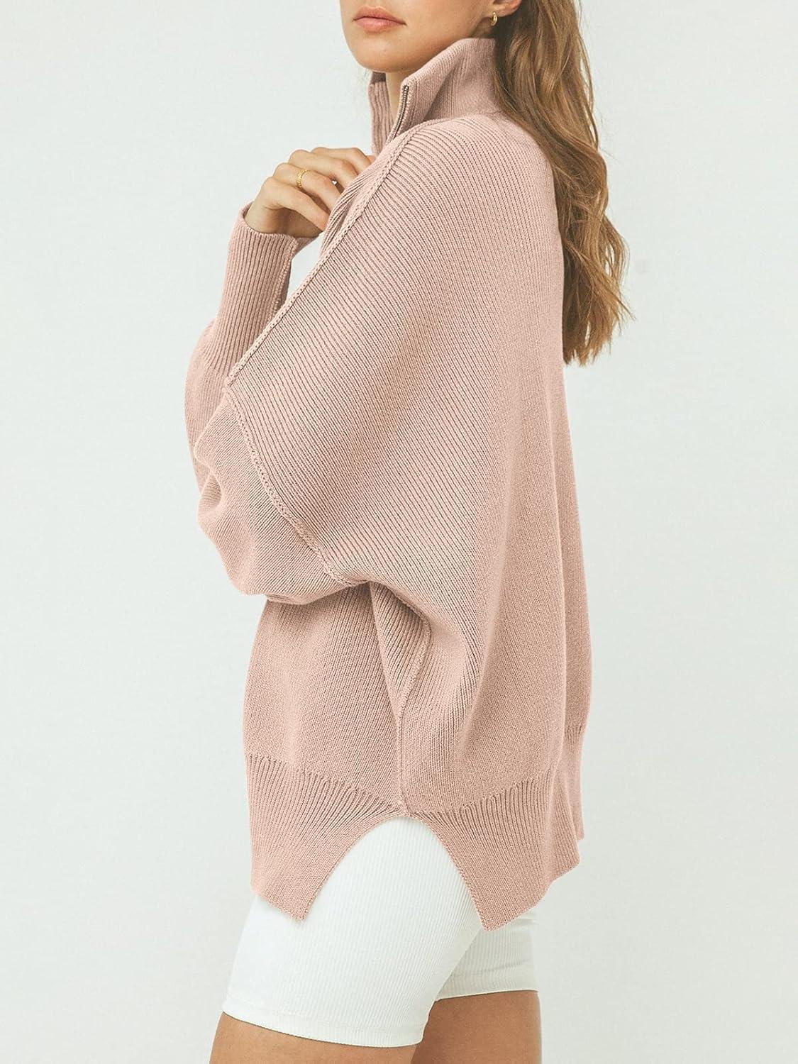 imageANRABESS Womens Oversized Fashion Long Sleeve Quarter Zip Baggy Loose Slouchy Sweater Pullover Tops 2025 Fall OutfitsPink