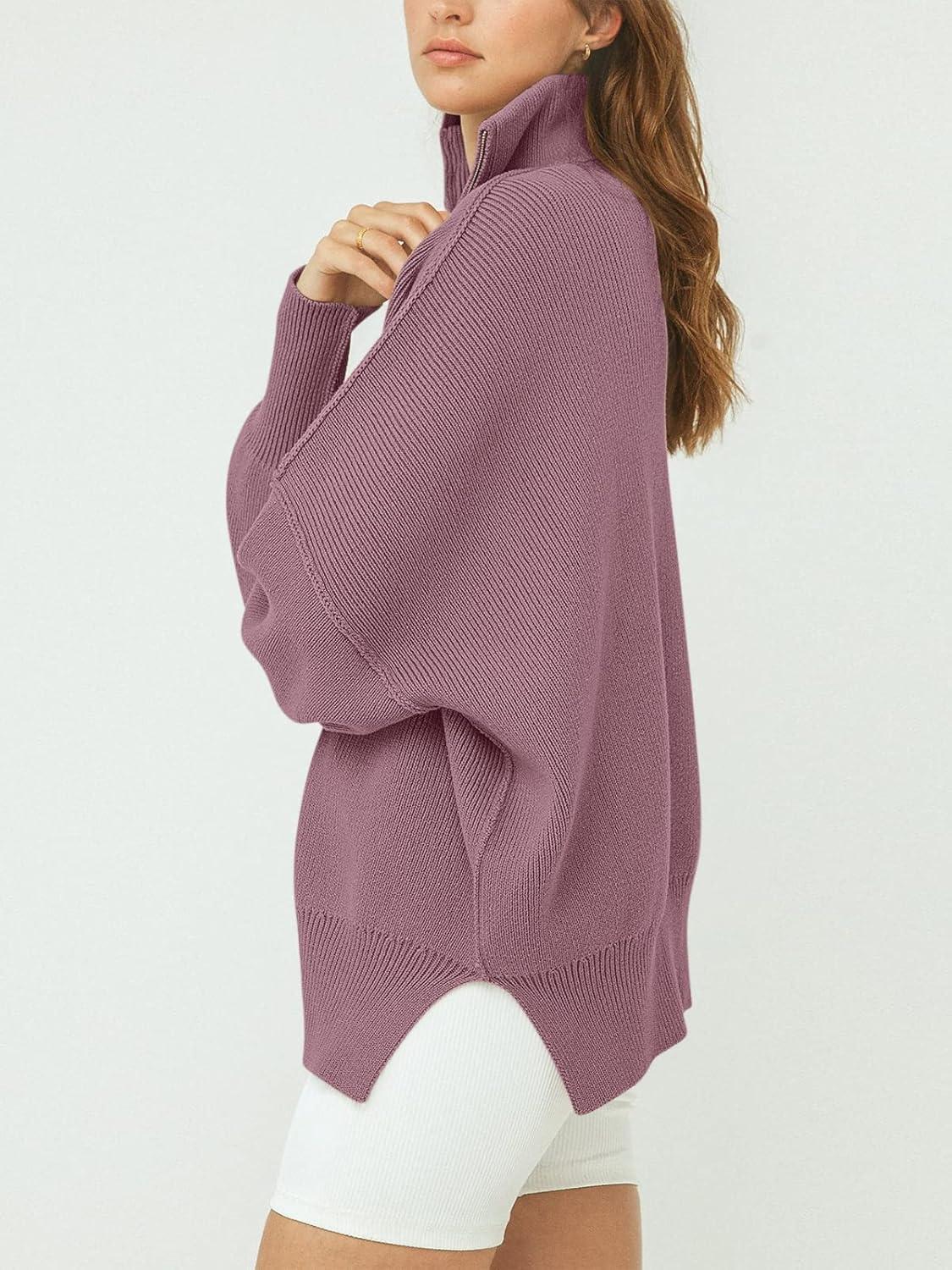 imageANRABESS Womens Oversized Fashion Long Sleeve Quarter Zip Baggy Loose Slouchy Sweater Pullover Tops 2025 Fall OutfitsPurple