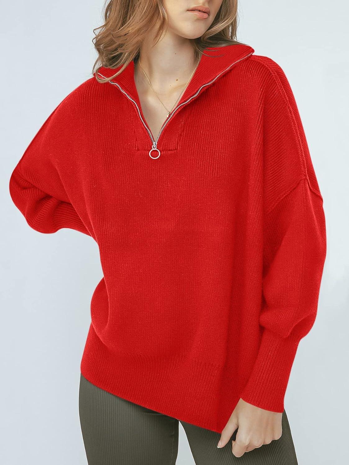 imageANRABESS Womens Oversized Fashion Long Sleeve Quarter Zip Baggy Loose Slouchy Sweater Pullover Tops 2025 Fall OutfitsRed