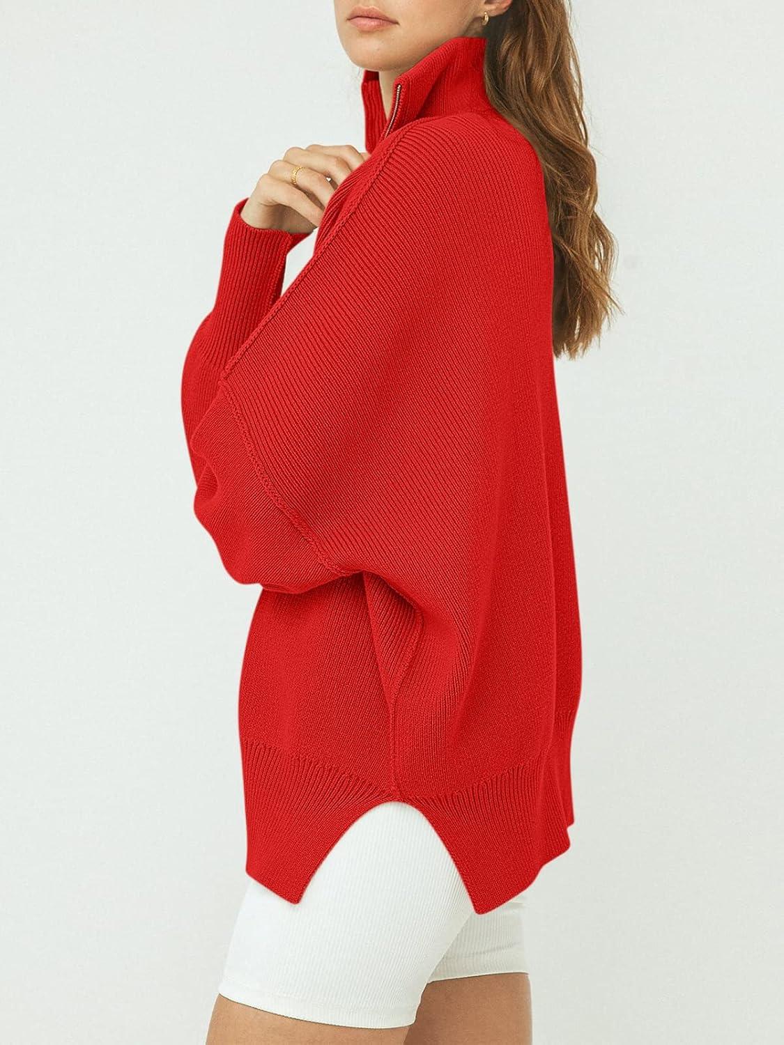 imageANRABESS Womens Oversized Fashion Long Sleeve Quarter Zip Baggy Loose Slouchy Sweater Pullover Tops 2025 Fall OutfitsRed