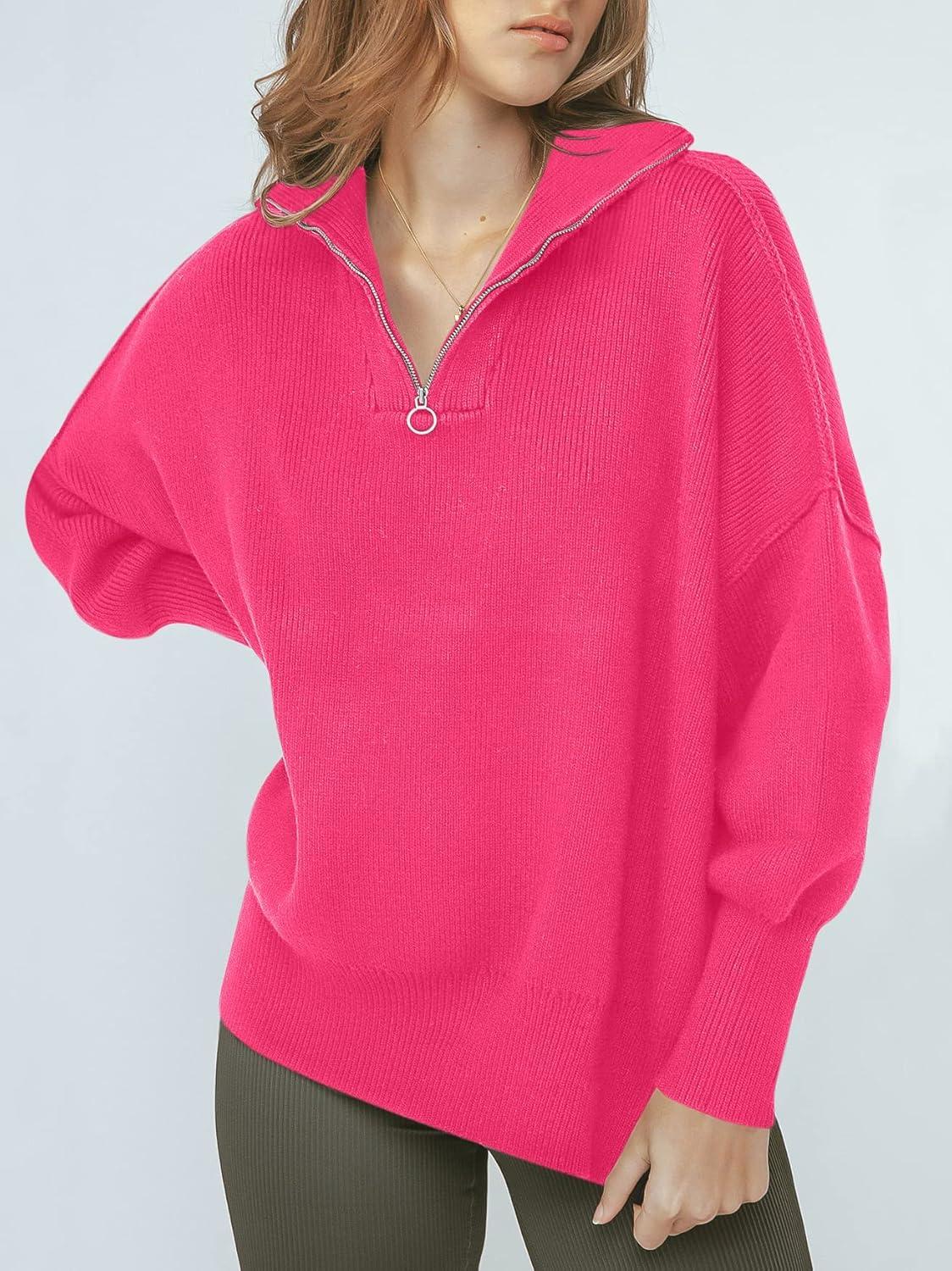 imageANRABESS Womens Oversized Fashion Long Sleeve Quarter Zip Baggy Loose Slouchy Sweater Pullover Tops 2025 Fall OutfitsRose