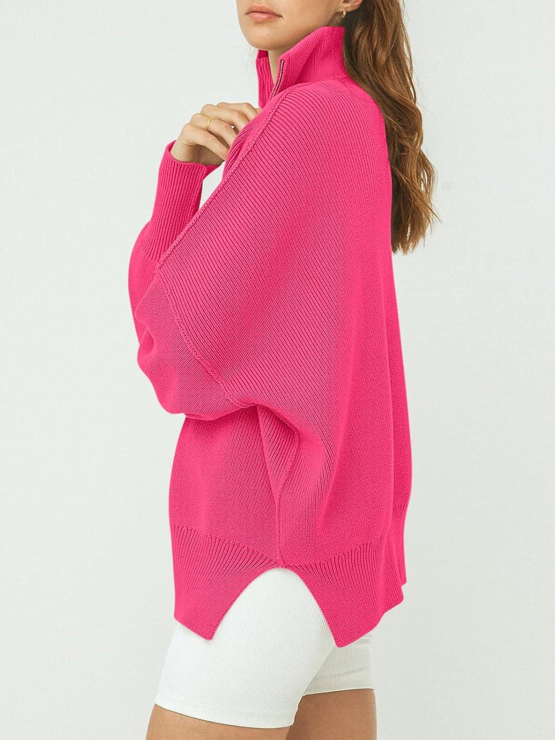 imageANRABESS Womens Oversized Fashion Long Sleeve Quarter Zip Baggy Loose Slouchy Sweater Pullover Tops 2025 Fall OutfitsRose