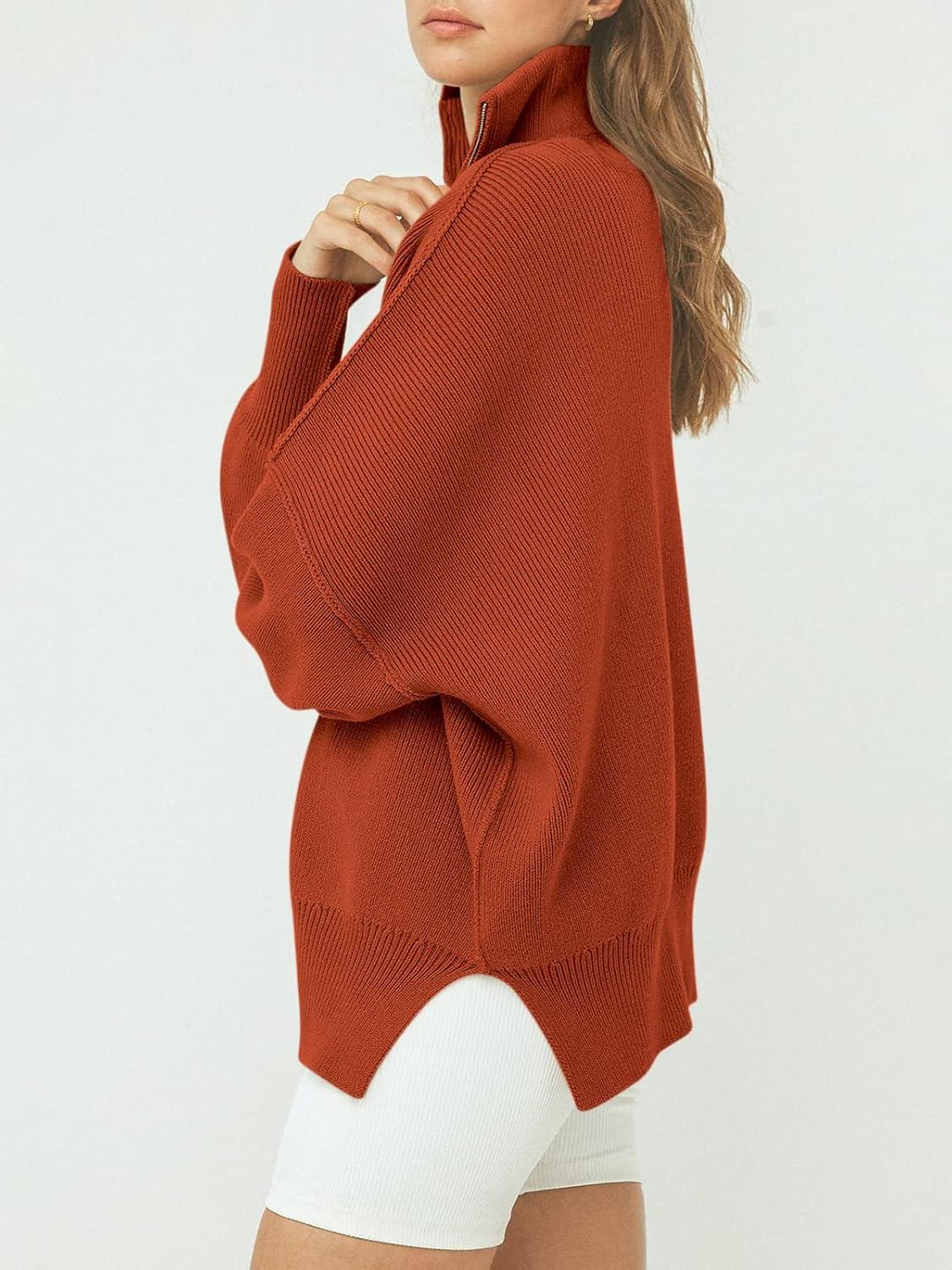 imageANRABESS Womens Oversized Fashion Long Sleeve Quarter Zip Baggy Loose Slouchy Sweater Pullover Tops 2025 Fall OutfitsRust
