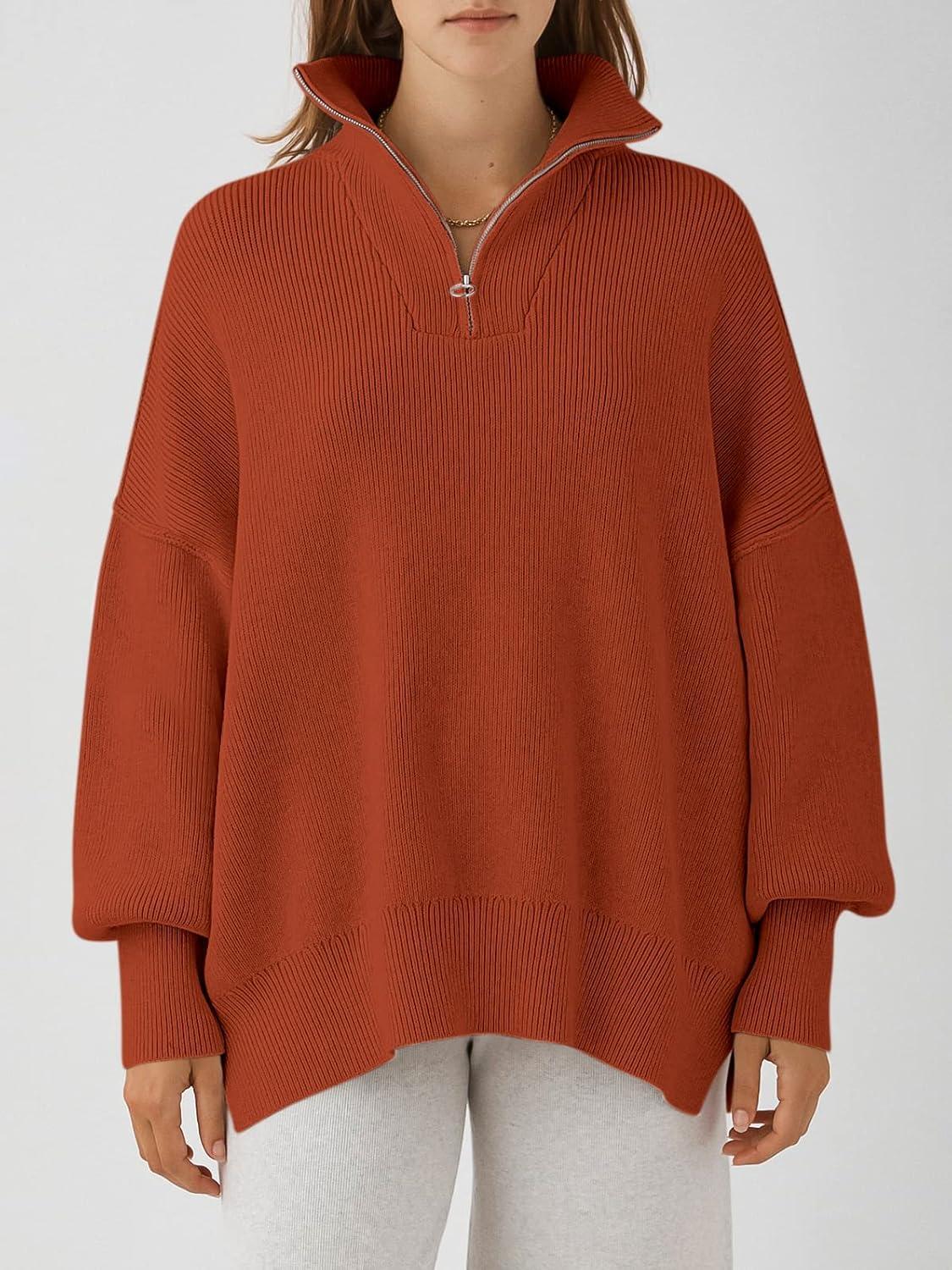 imageANRABESS Womens Oversized Fashion Long Sleeve Quarter Zip Baggy Loose Slouchy Sweater Pullover Tops 2025 Fall OutfitsRust