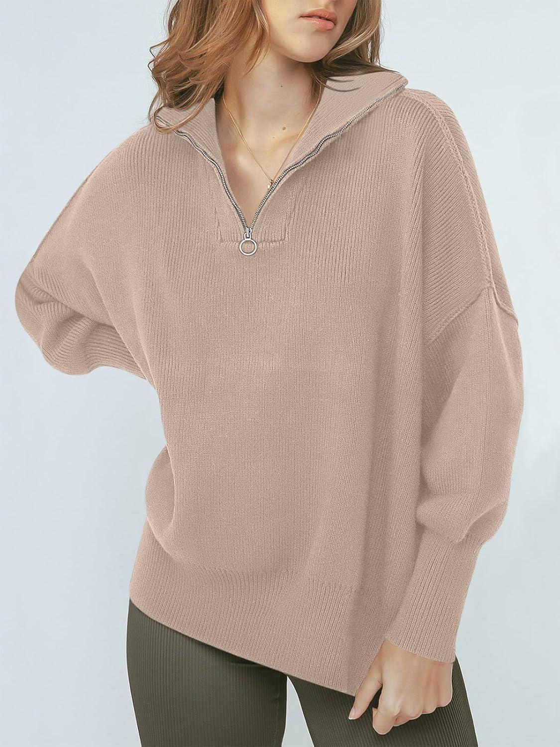 imageANRABESS Womens Oversized Fashion Long Sleeve Quarter Zip Baggy Loose Slouchy Sweater Pullover Tops 2025 Fall OutfitsSand