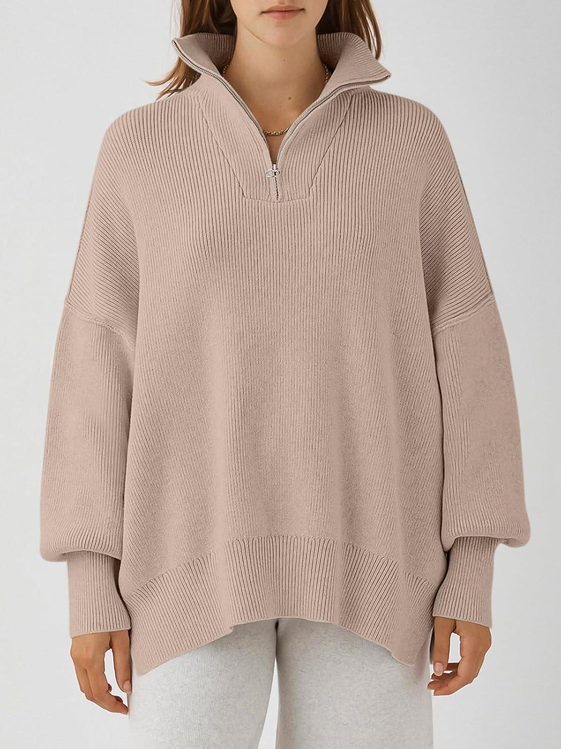 imageANRABESS Womens Oversized Fashion Long Sleeve Quarter Zip Baggy Loose Slouchy Sweater Pullover Tops 2025 Fall OutfitsSand