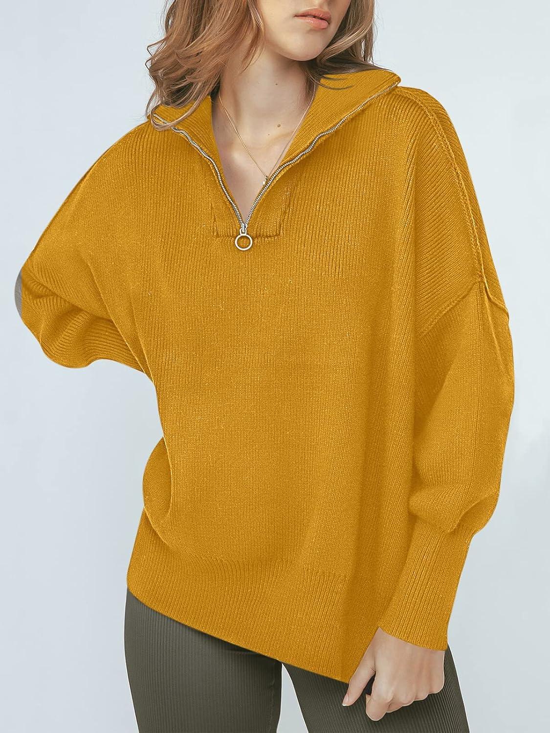 imageANRABESS Womens Oversized Fashion Long Sleeve Quarter Zip Baggy Loose Slouchy Sweater Pullover Tops 2025 Fall OutfitsYellow