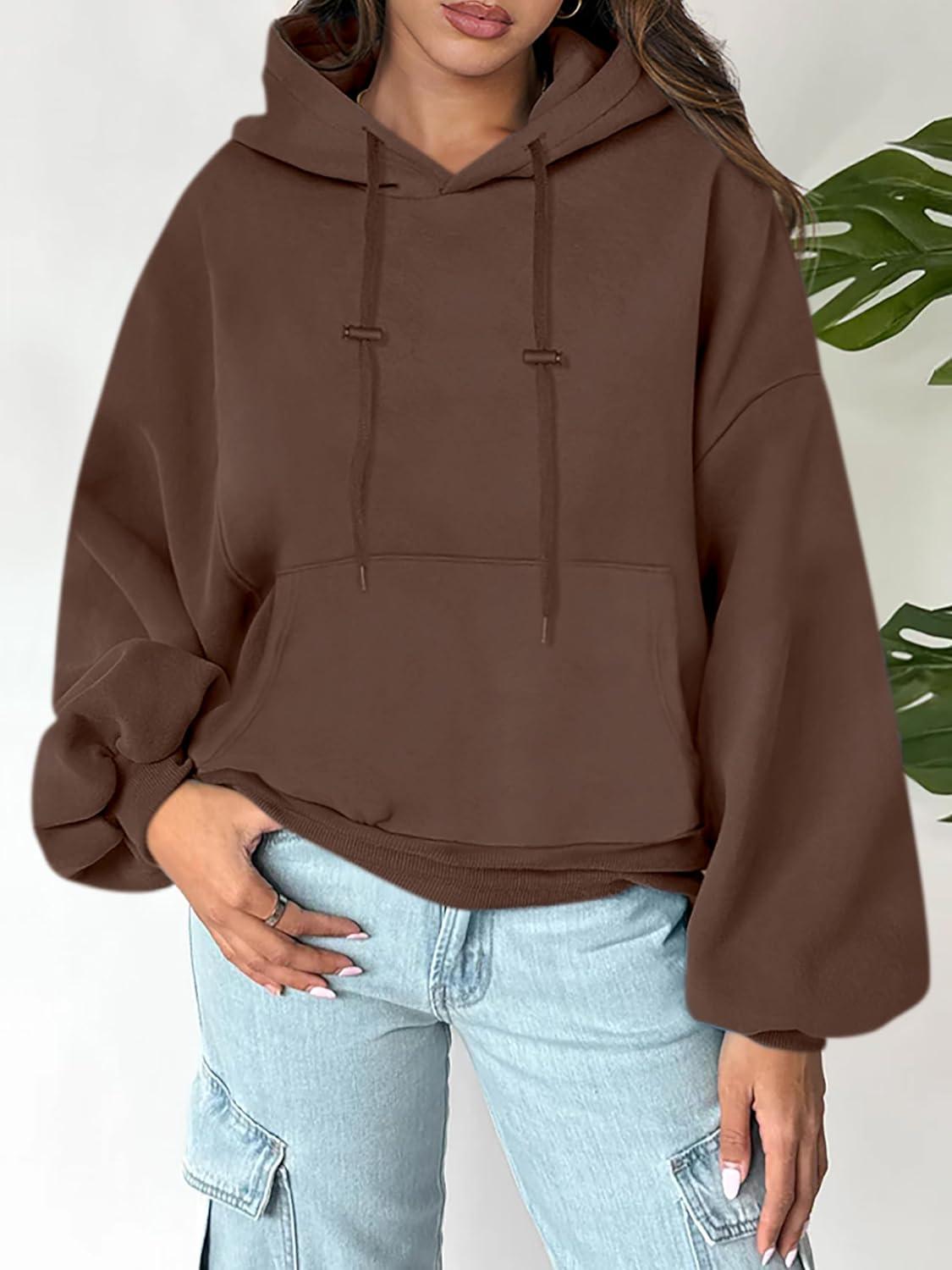 imageANRABESS Womens Oversized Hoodies Lantern sleeve Fleece Sweatshirts 2025 Fall Winter Loose Pullover Preppy ClothesBrown