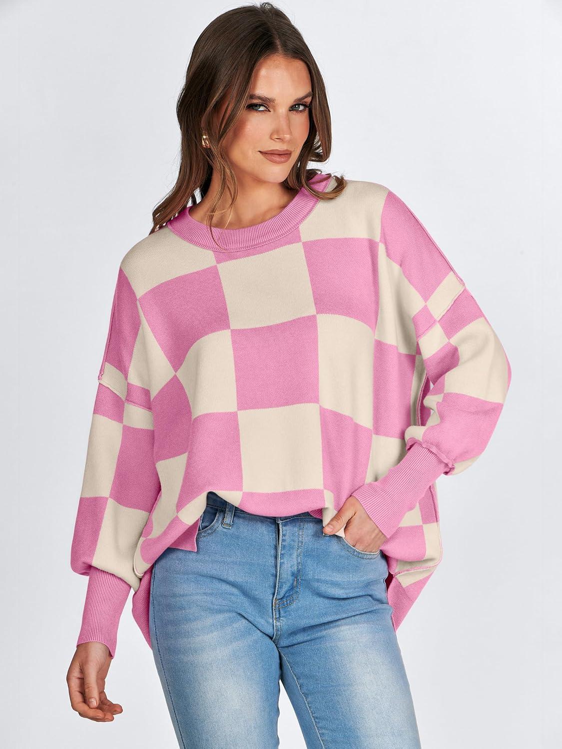 imageANRABESS Womens Oversized Sweaters Fall 2025 Fashion Crewneck Batwing Long Sleeve Side Slit Knit Pullover Sweater TopsPink Plaid