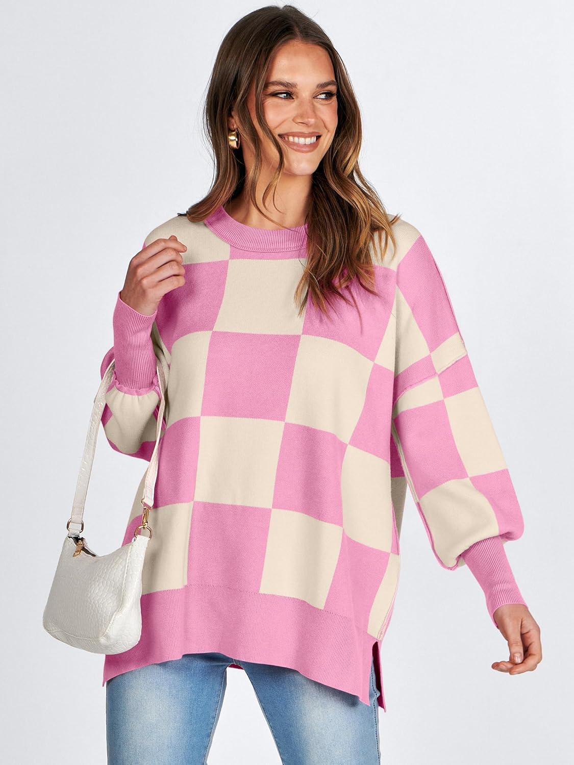imageANRABESS Womens Oversized Sweaters Fall 2025 Fashion Crewneck Batwing Long Sleeve Side Slit Knit Pullover Sweater TopsPink Plaid