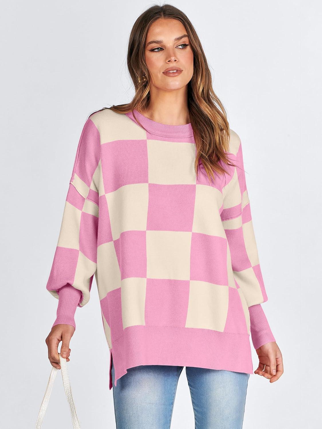imageANRABESS Womens Oversized Sweaters Fall 2025 Fashion Crewneck Batwing Long Sleeve Side Slit Knit Pullover Sweater TopsPink Plaid