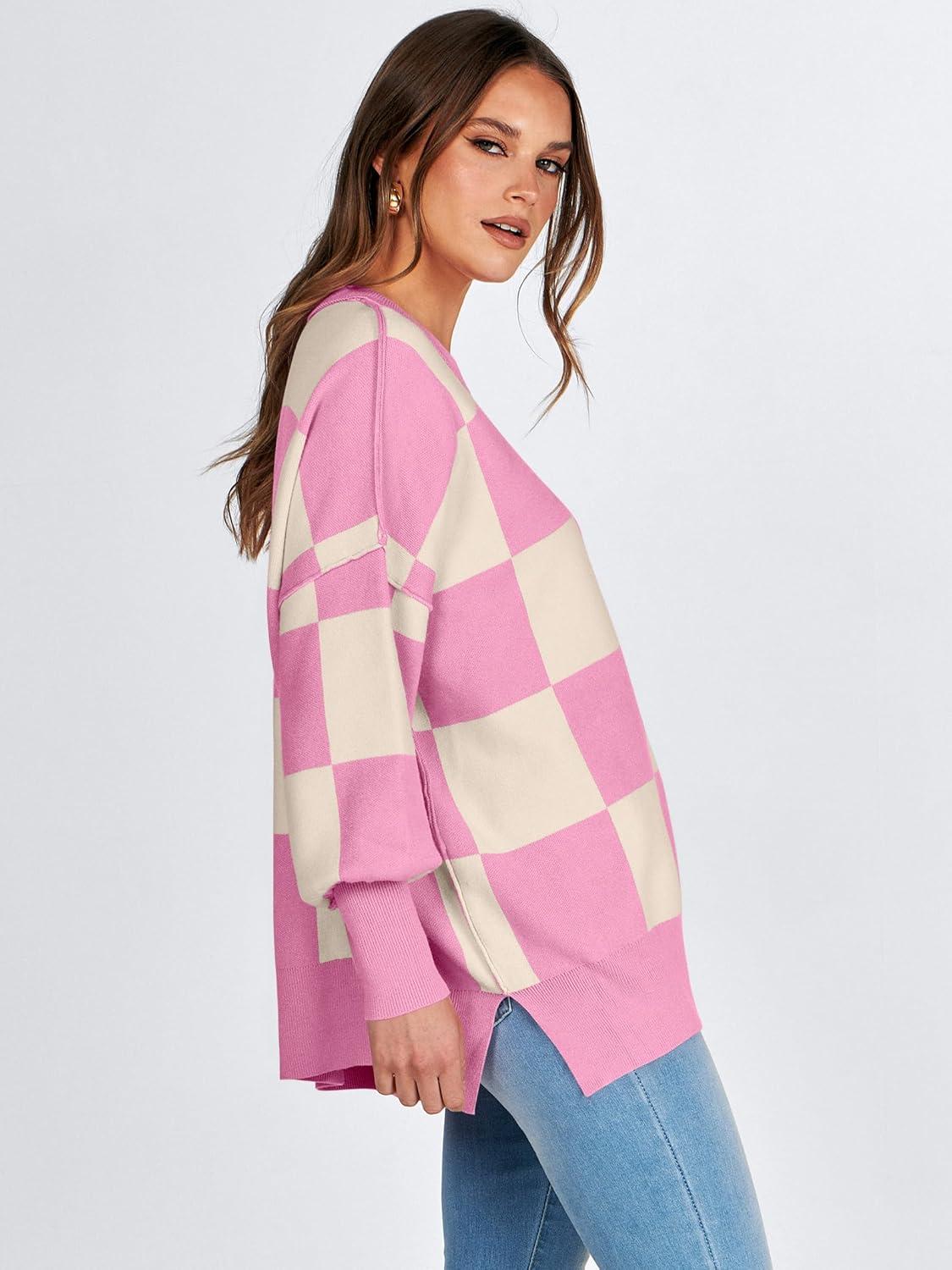 imageANRABESS Womens Oversized Sweaters Fall 2025 Fashion Crewneck Batwing Long Sleeve Side Slit Knit Pullover Sweater TopsPink Plaid