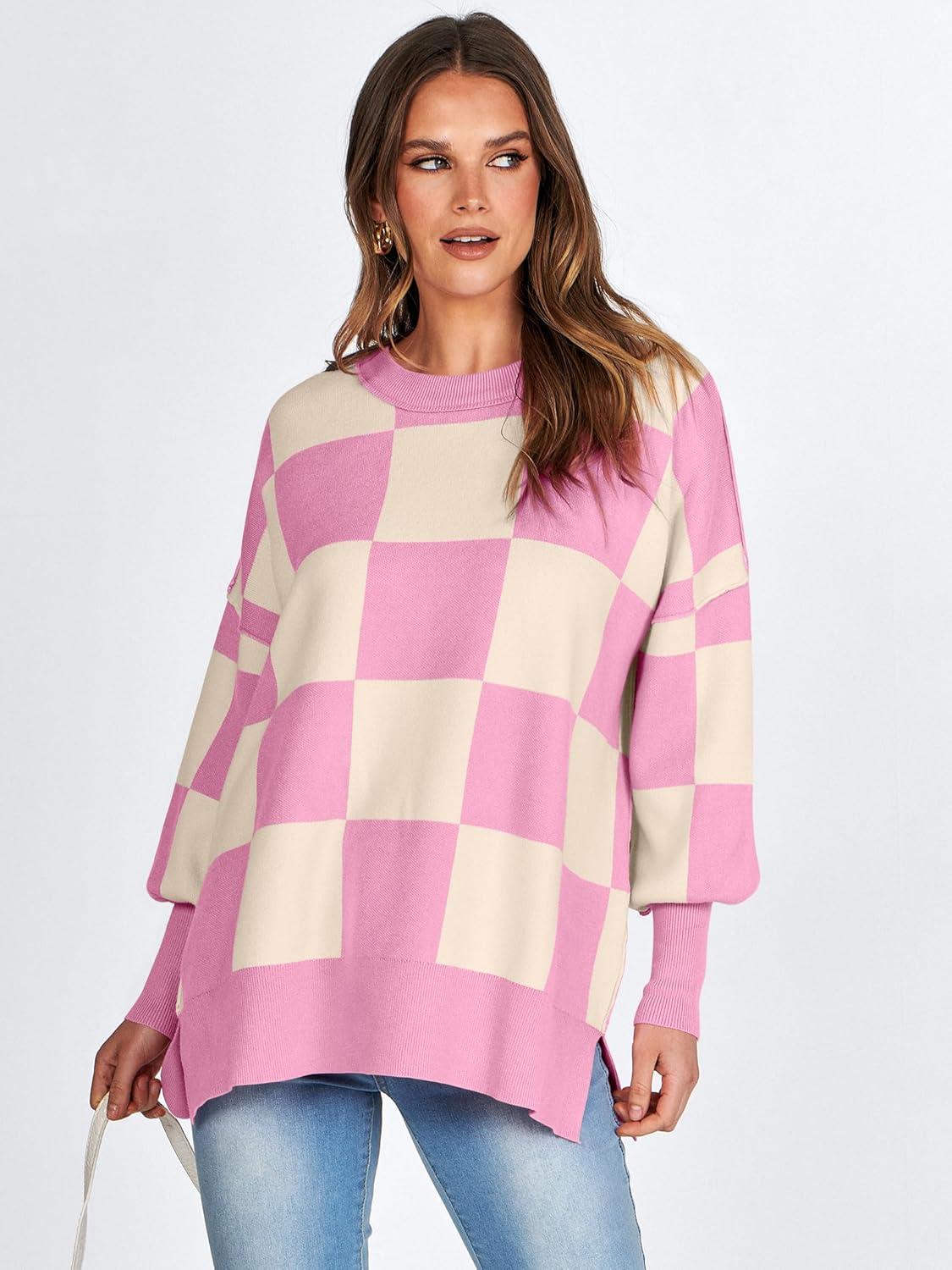 imageANRABESS Womens Oversized Sweaters Fall 2025 Fashion Crewneck Batwing Long Sleeve Side Slit Knit Pullover Sweater TopsPink Plaid