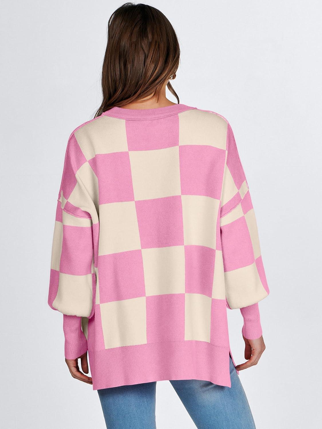 imageANRABESS Womens Oversized Sweaters Fall 2025 Fashion Crewneck Batwing Long Sleeve Side Slit Knit Pullover Sweater TopsPink Plaid