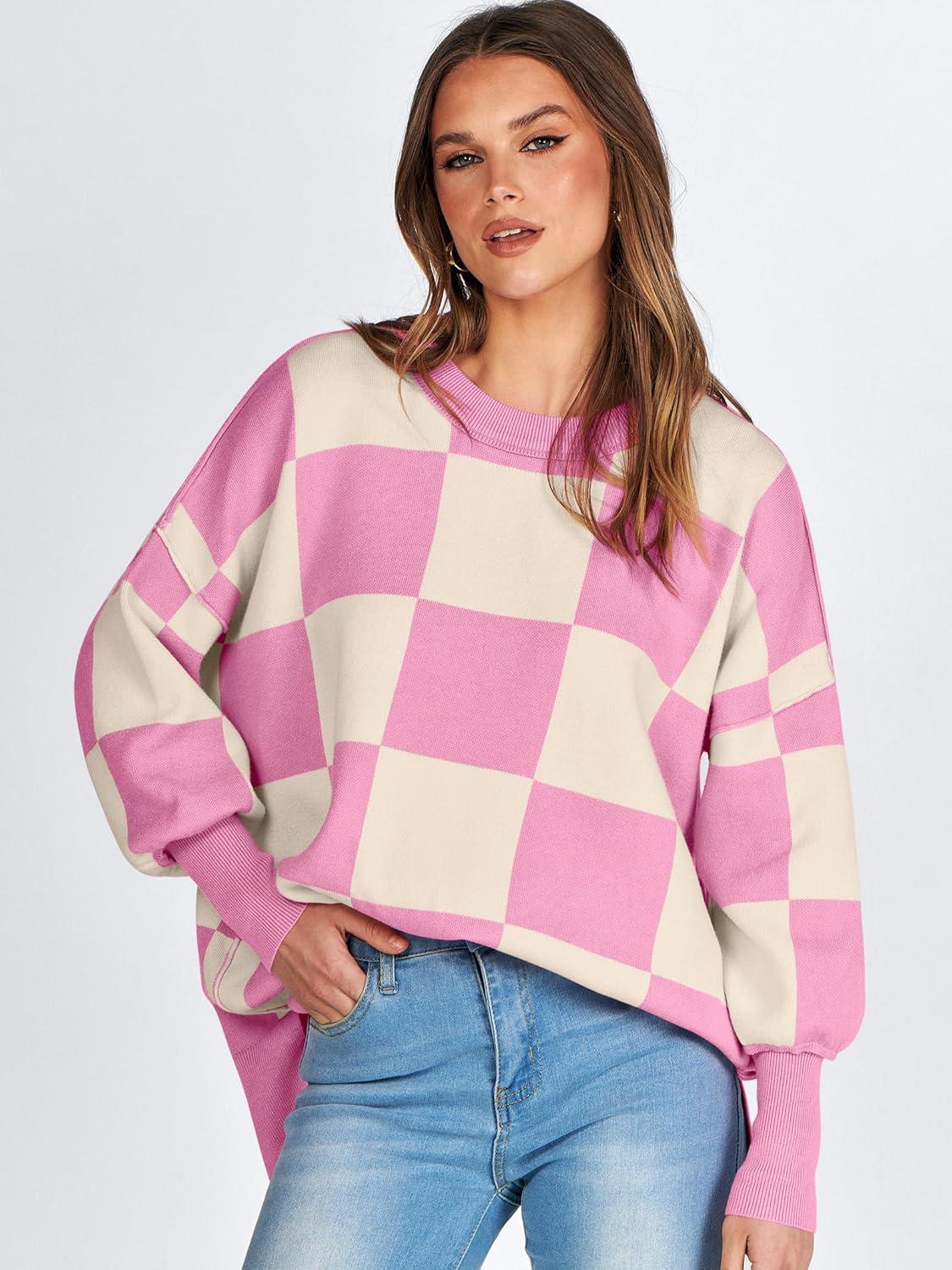 imageANRABESS Womens Oversized Sweaters Fall 2025 Fashion Crewneck Batwing Long Sleeve Side Slit Knit Pullover Sweater TopsPink Plaid