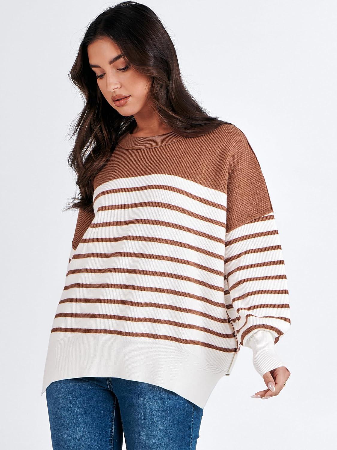 imageANRABESS Womens Oversized Sweaters Fall 2025 Fashion Crewneck Batwing Long Sleeve Side Slit Knit Pullover Sweater TopsStripe Caramel