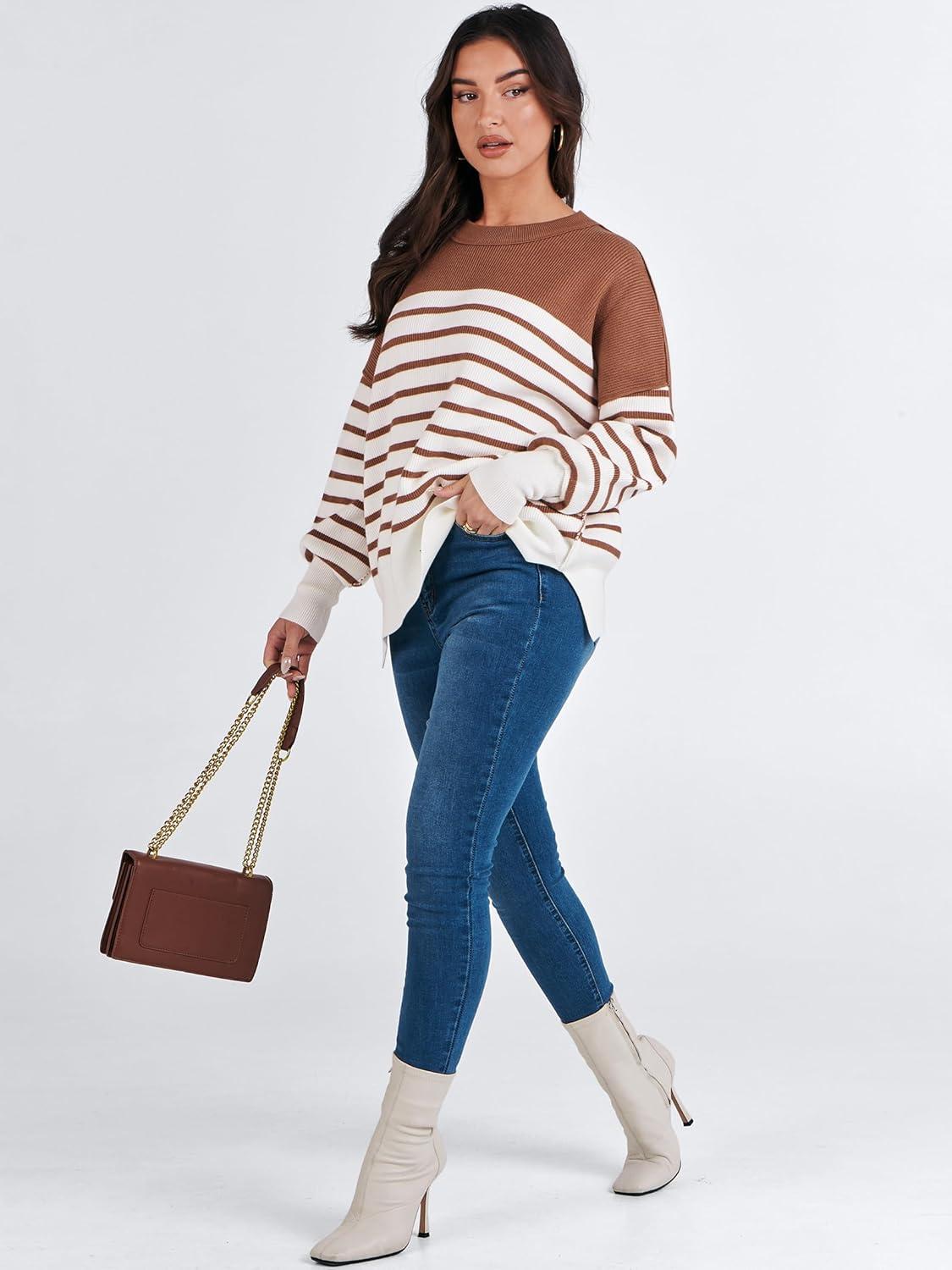 imageANRABESS Womens Oversized Sweaters Fall 2025 Fashion Crewneck Batwing Long Sleeve Side Slit Knit Pullover Sweater TopsStripe Caramel