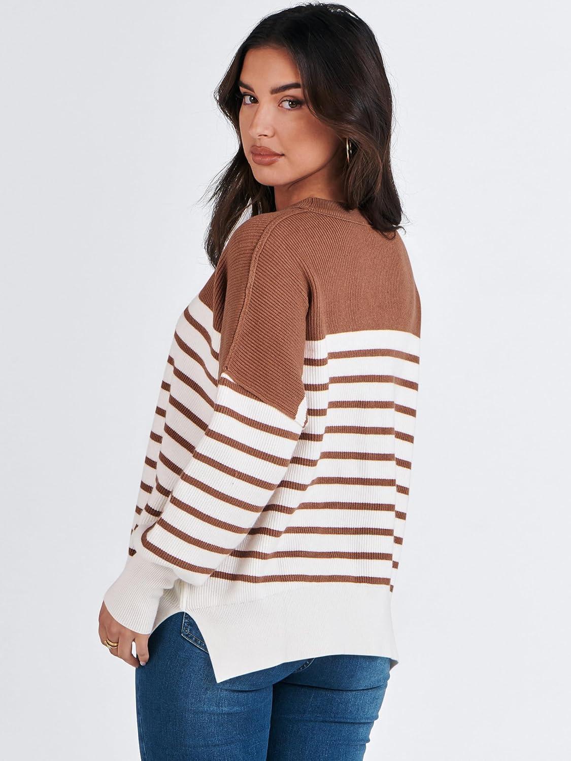 imageANRABESS Womens Oversized Sweaters Fall 2025 Fashion Crewneck Batwing Long Sleeve Side Slit Knit Pullover Sweater TopsStripe Caramel