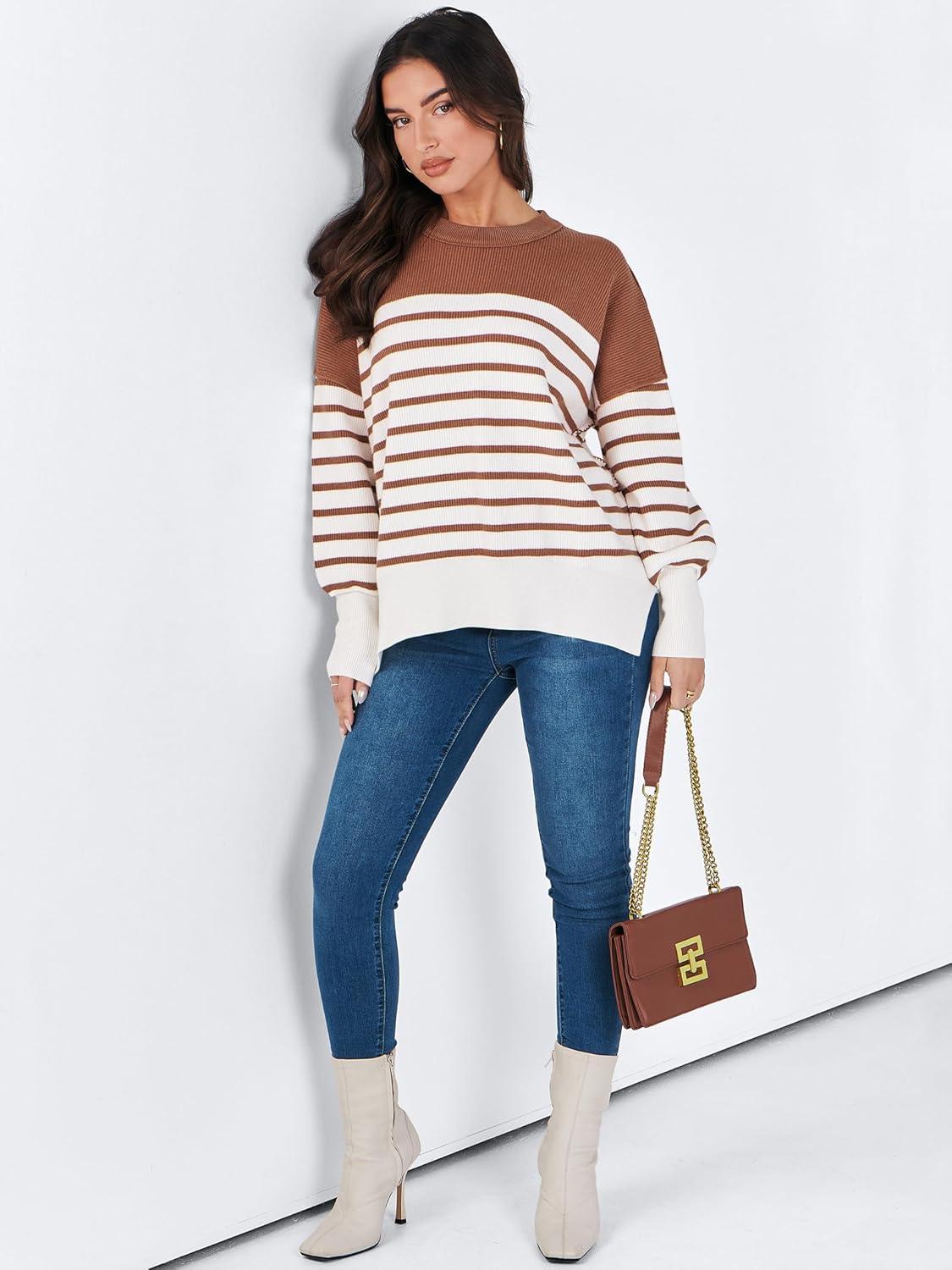 imageANRABESS Womens Oversized Sweaters Fall 2025 Fashion Crewneck Batwing Long Sleeve Side Slit Knit Pullover Sweater TopsStripe Caramel