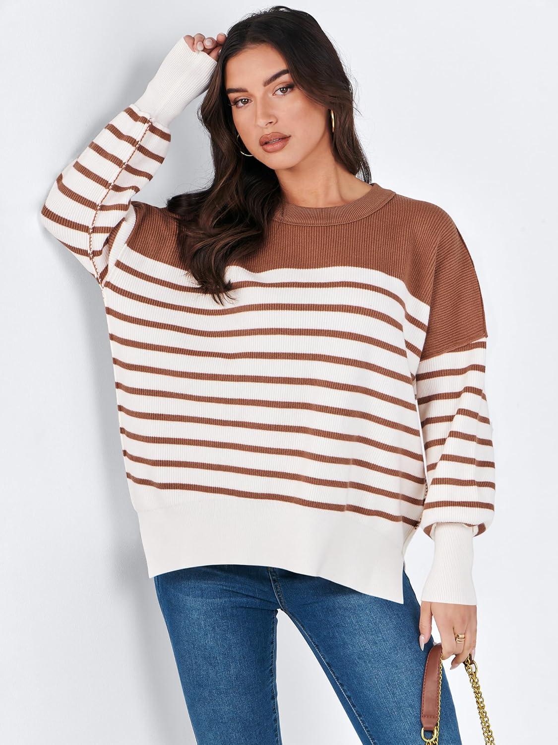 imageANRABESS Womens Oversized Sweaters Fall 2025 Fashion Crewneck Batwing Long Sleeve Side Slit Knit Pullover Sweater TopsStripe Caramel