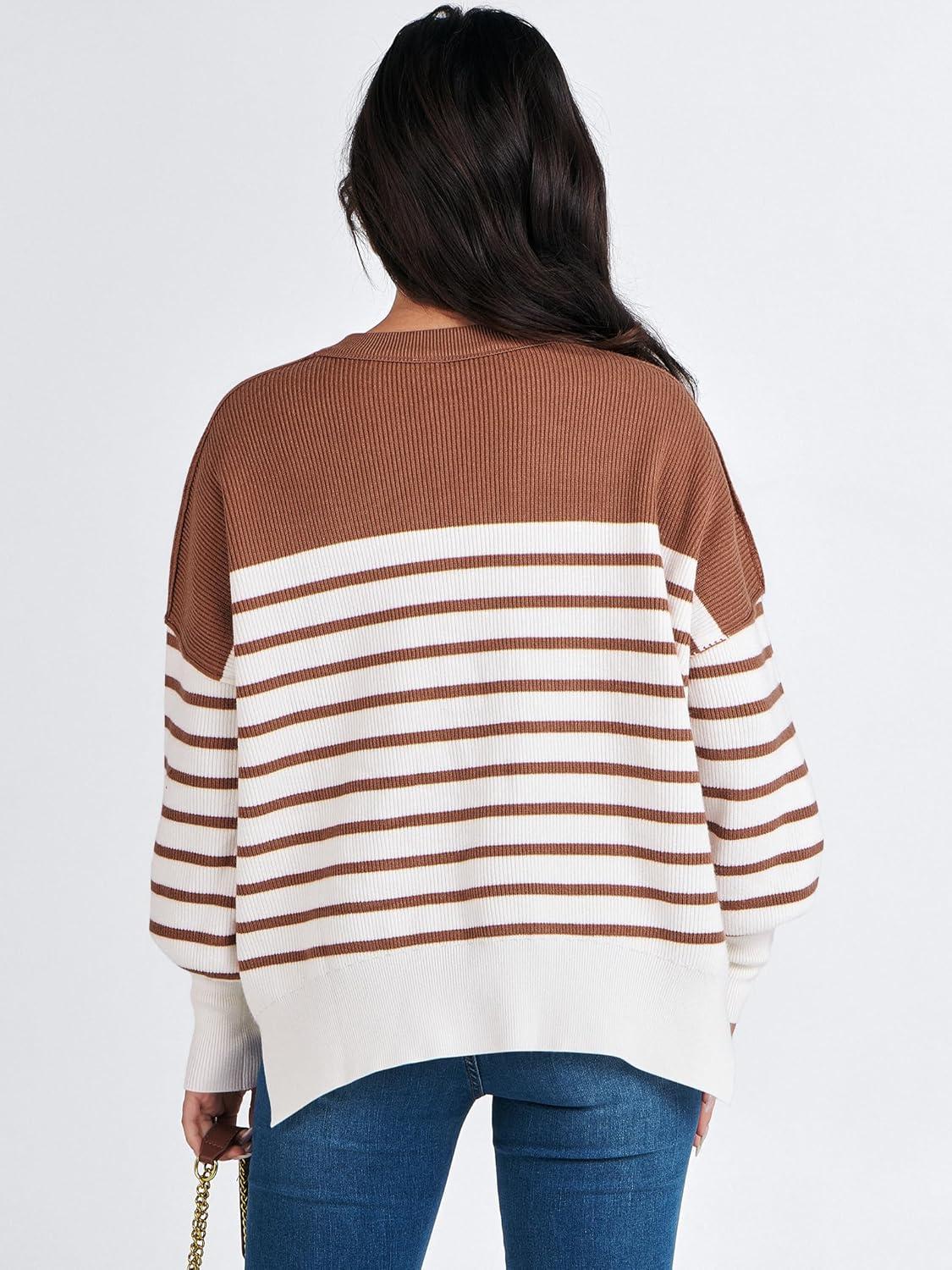 imageANRABESS Womens Oversized Sweaters Fall 2025 Fashion Crewneck Batwing Long Sleeve Side Slit Knit Pullover Sweater TopsStripe Caramel