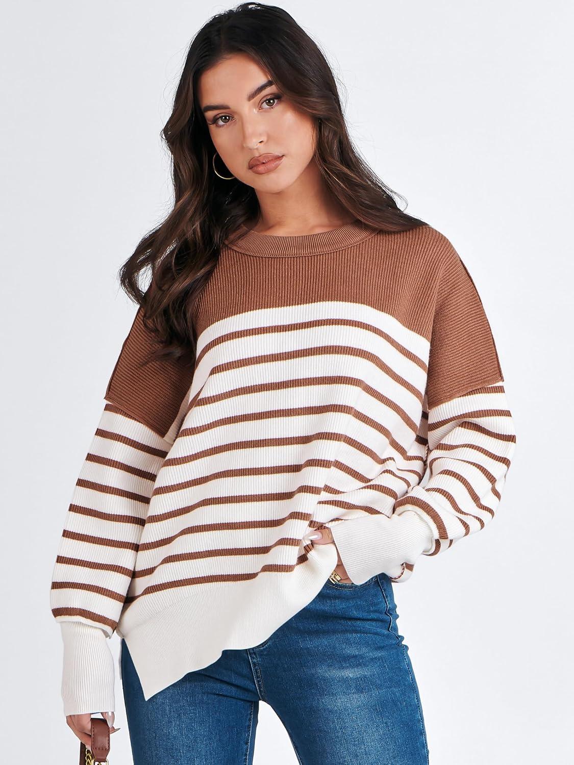 imageANRABESS Womens Oversized Sweaters Fall 2025 Fashion Crewneck Batwing Long Sleeve Side Slit Knit Pullover Sweater TopsStripe Caramel