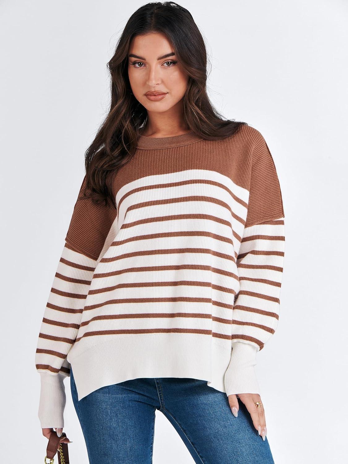 imageANRABESS Womens Oversized Sweaters Fall 2025 Fashion Crewneck Batwing Long Sleeve Side Slit Knit Pullover Sweater TopsStripe Caramel