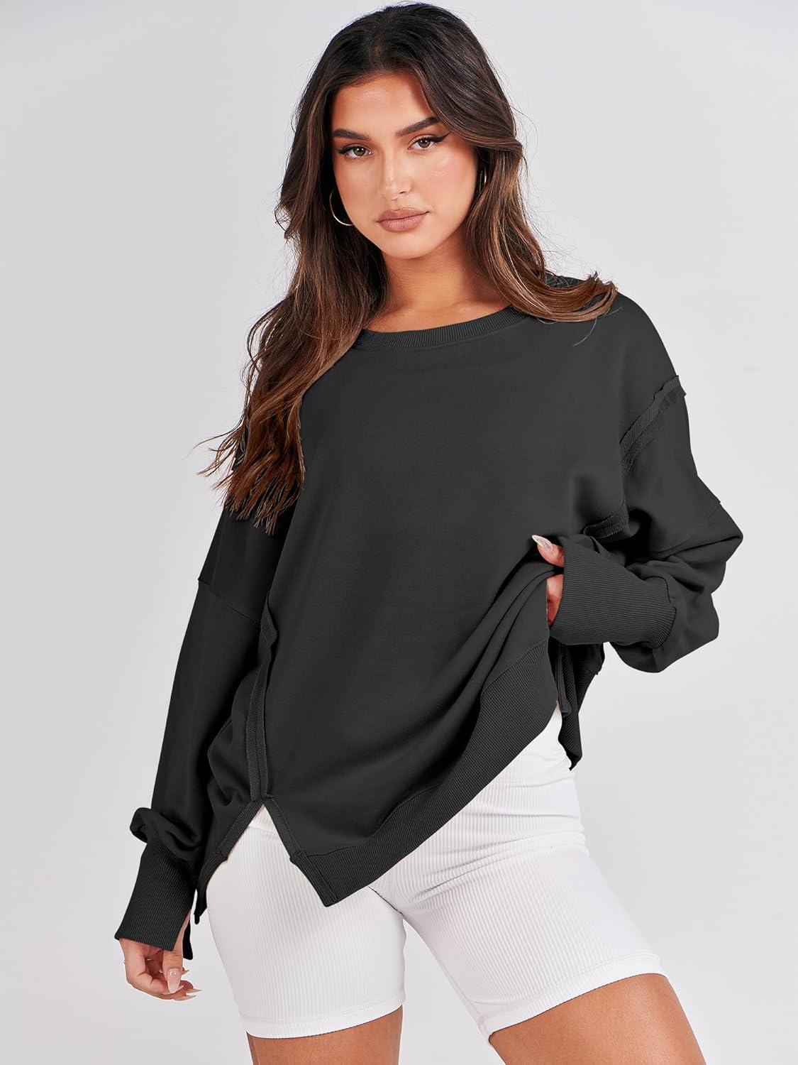 imageANRABESS Womens Oversized Sweatshirts Crew Neck Long Sleeve Shirts Casual Loose Slit 2025 Fall Outfits Y2K Teen Girls ClothesBlack