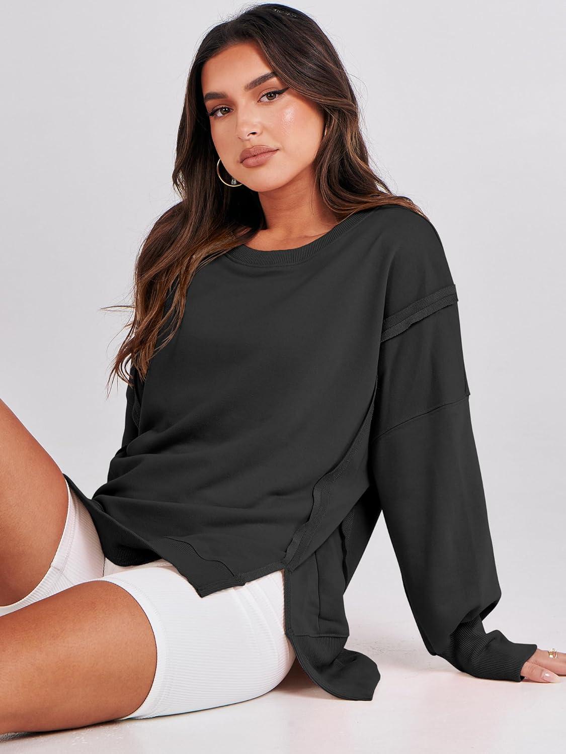 imageANRABESS Womens Oversized Sweatshirts Crew Neck Long Sleeve Shirts Casual Loose Slit 2025 Fall Outfits Y2K Teen Girls ClothesBlack