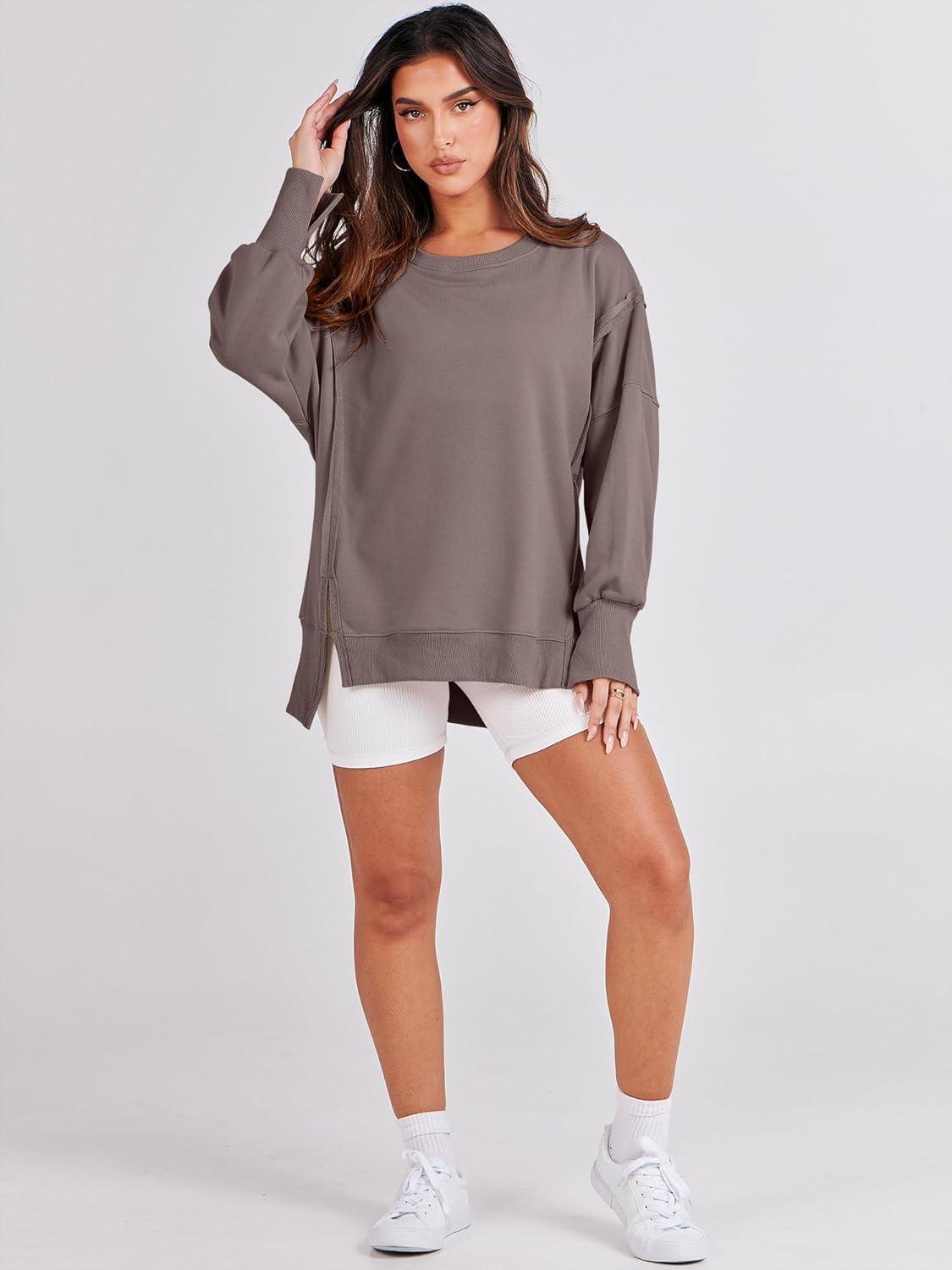 imageANRABESS Womens Oversized Sweatshirts Crew Neck Long Sleeve Shirts Casual Loose Slit 2025 Fall Outfits Y2K Teen Girls ClothesBrown