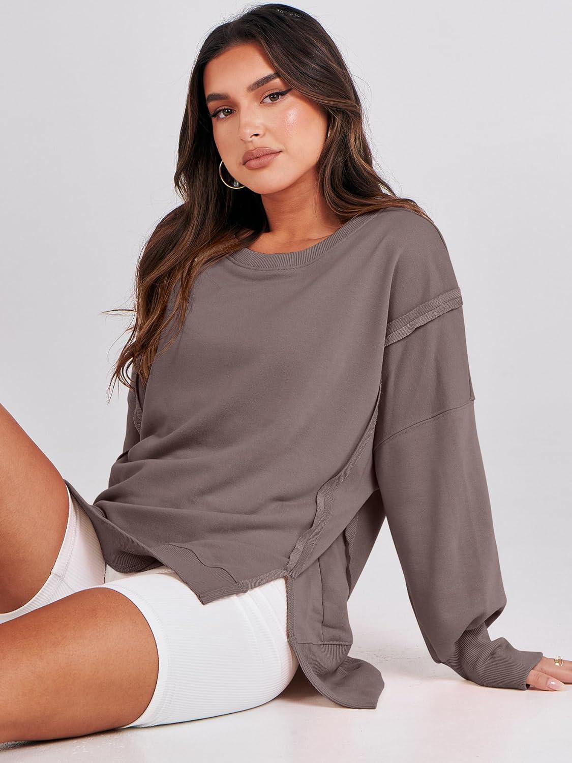 imageANRABESS Womens Oversized Sweatshirts Crew Neck Long Sleeve Shirts Casual Loose Slit 2025 Fall Outfits Y2K Teen Girls ClothesBrown