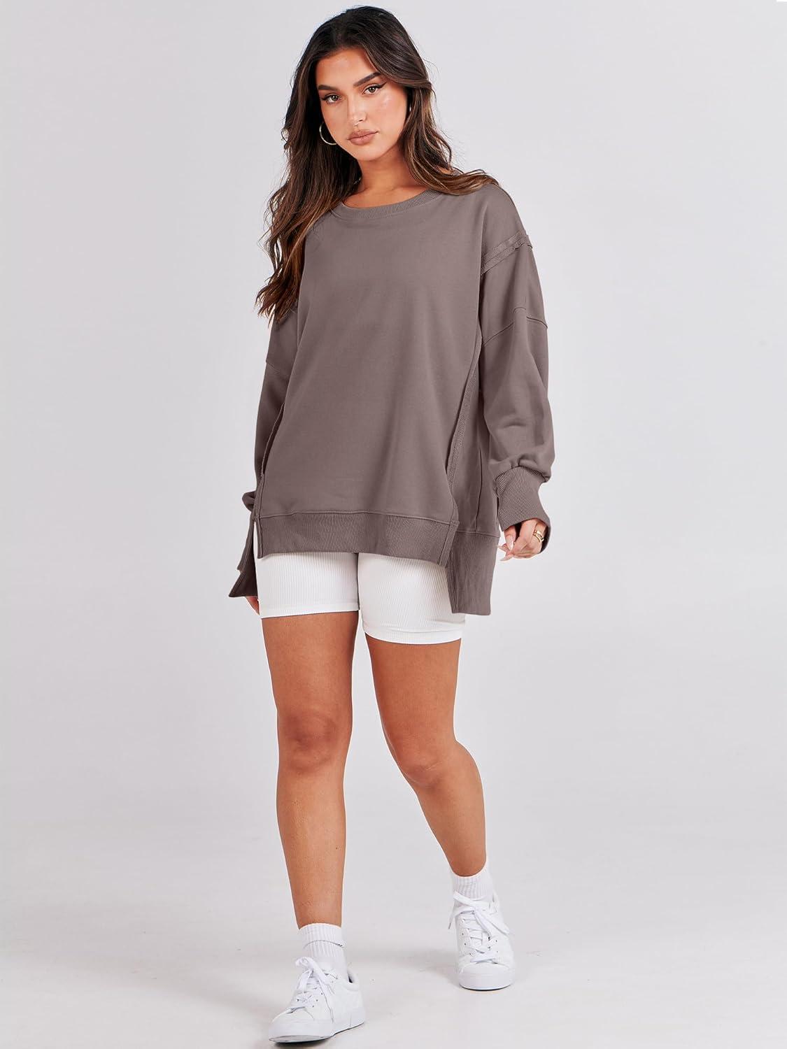 imageANRABESS Womens Oversized Sweatshirts Crew Neck Long Sleeve Shirts Casual Loose Slit 2025 Fall Outfits Y2K Teen Girls ClothesBrown