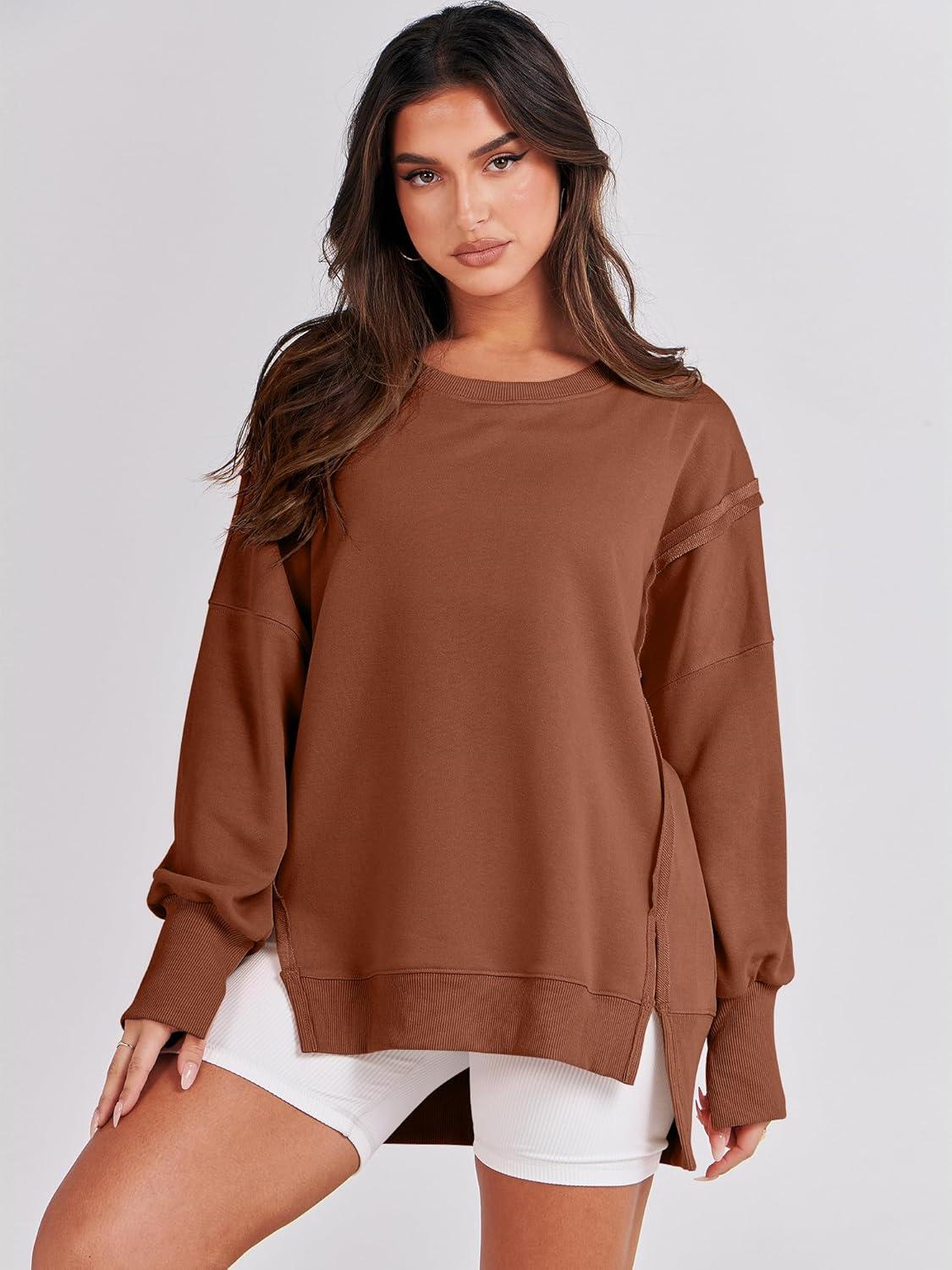 imageANRABESS Womens Oversized Sweatshirts Crew Neck Long Sleeve Shirts Casual Loose Slit 2025 Fall Outfits Y2K Teen Girls ClothesCaramel