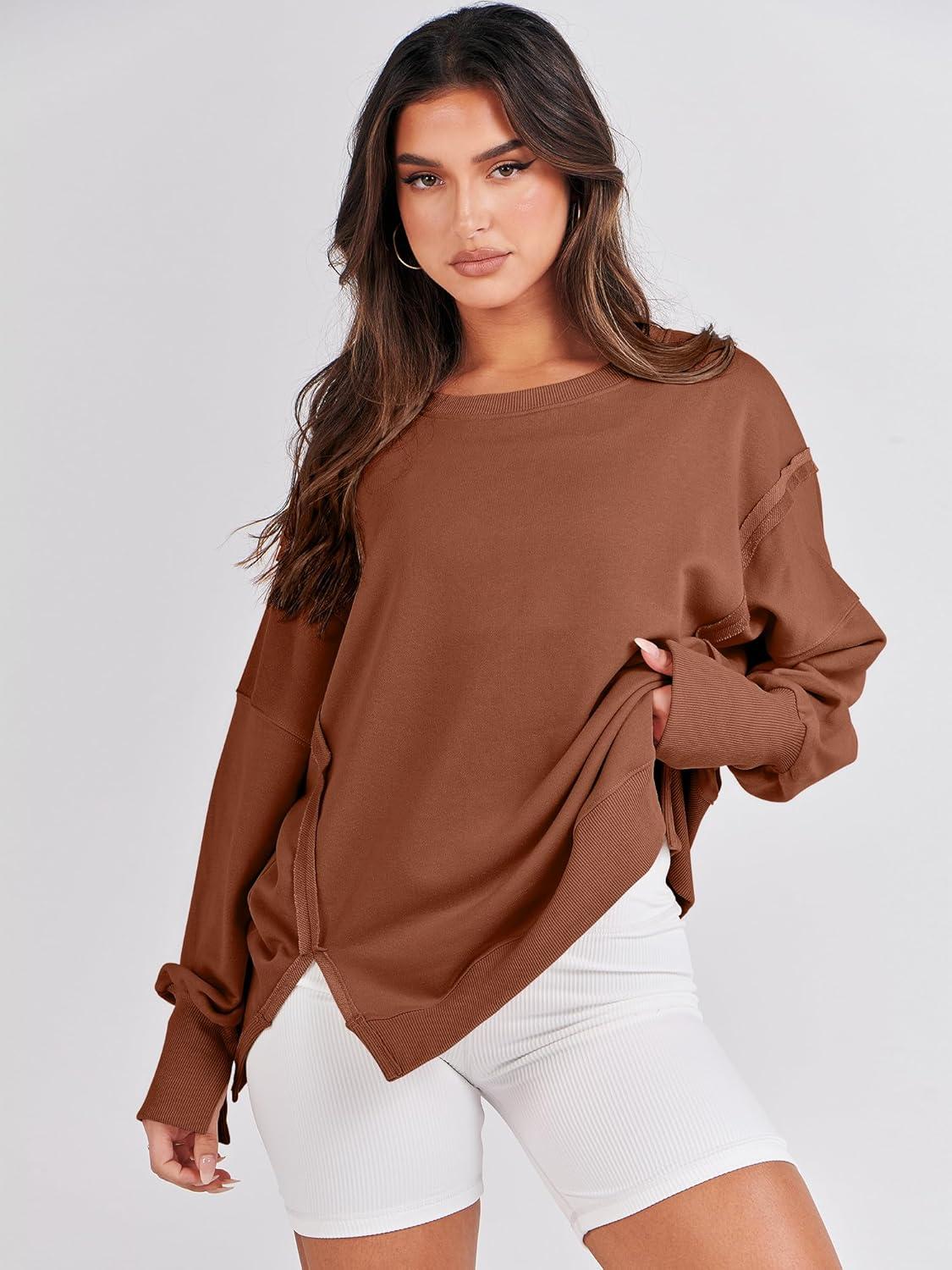 imageANRABESS Womens Oversized Sweatshirts Crew Neck Long Sleeve Shirts Casual Loose Slit 2025 Fall Outfits Y2K Teen Girls ClothesCaramel