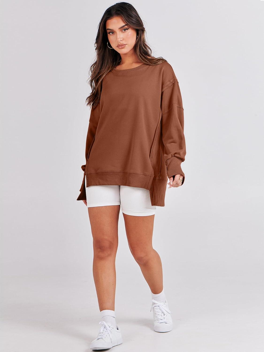 imageANRABESS Womens Oversized Sweatshirts Crew Neck Long Sleeve Shirts Casual Loose Slit 2025 Fall Outfits Y2K Teen Girls ClothesCaramel