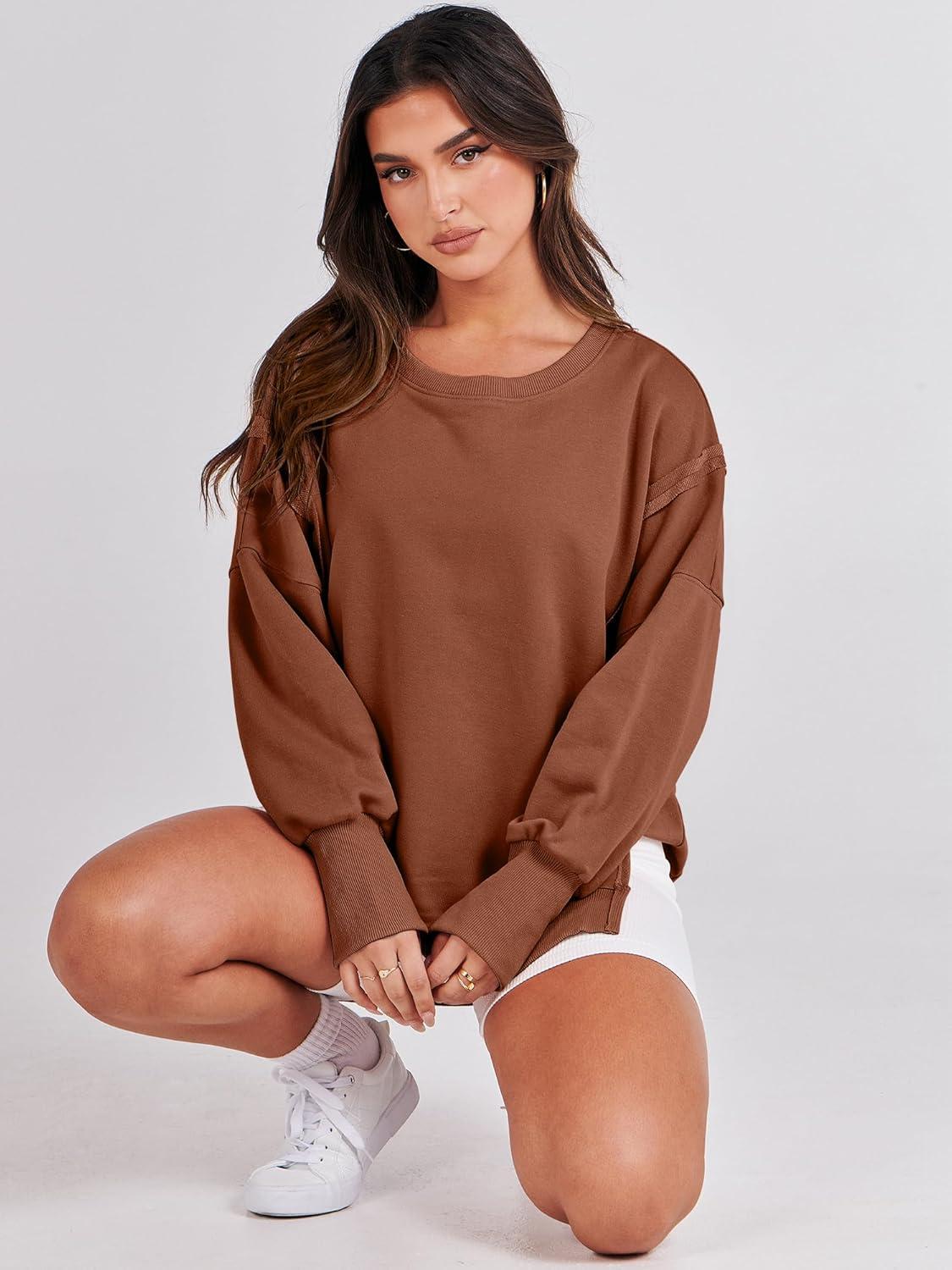 imageANRABESS Womens Oversized Sweatshirts Crew Neck Long Sleeve Shirts Casual Loose Slit 2025 Fall Outfits Y2K Teen Girls ClothesCaramel