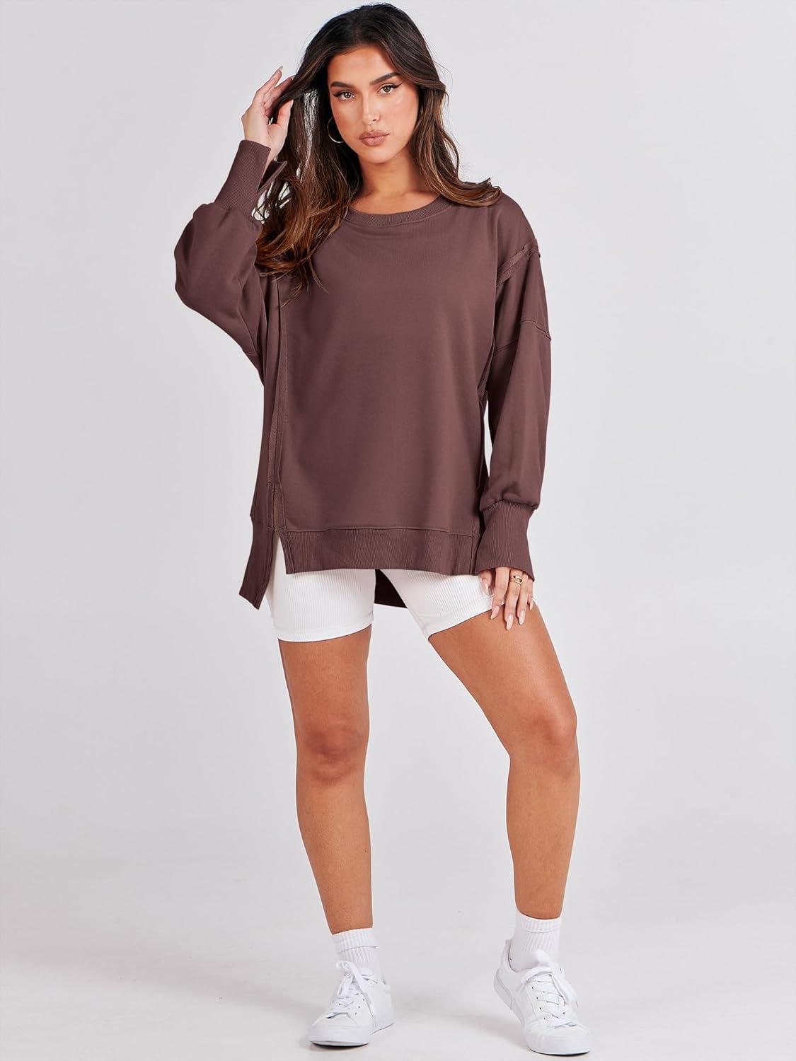 imageANRABESS Womens Oversized Sweatshirts Crew Neck Long Sleeve Shirts Casual Loose Slit 2025 Fall Outfits Y2K Teen Girls ClothesCoffee